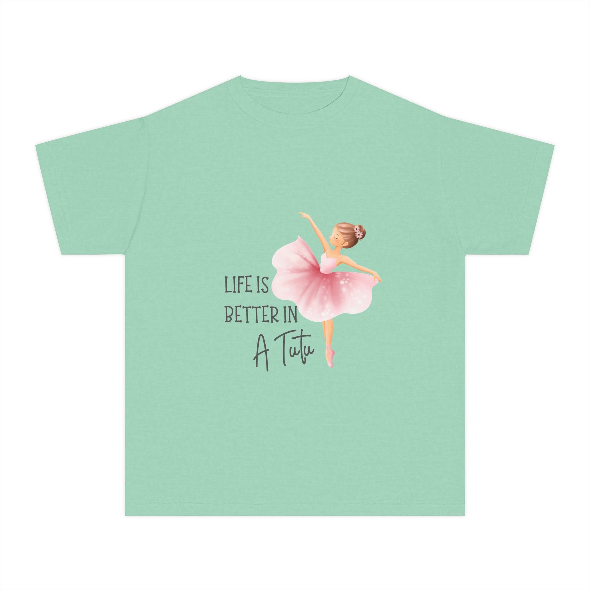 Mint green t-shirt with a ballerina graphic and text on a white background