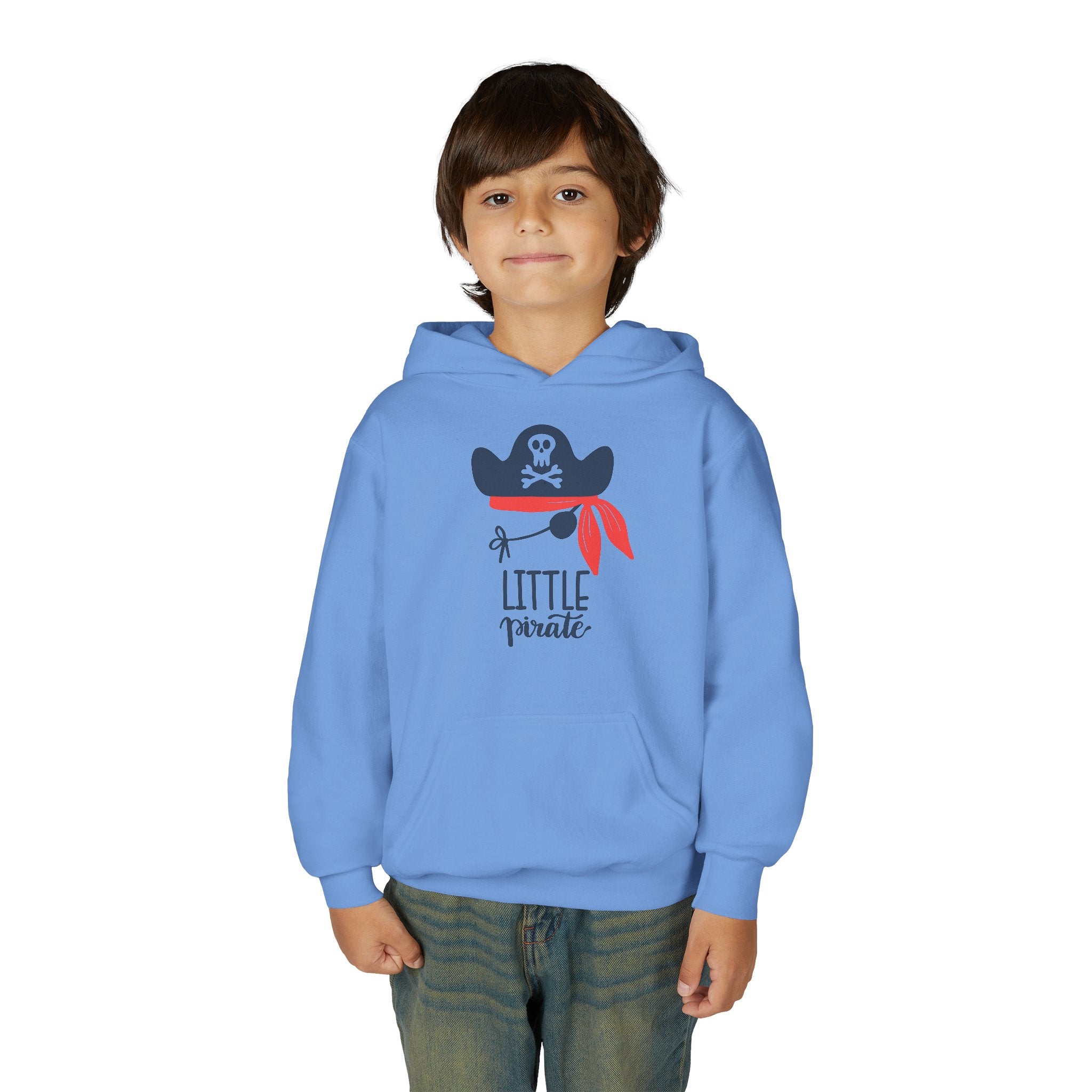 Child wearing a blue hoodie with a pirate design and text on a white background