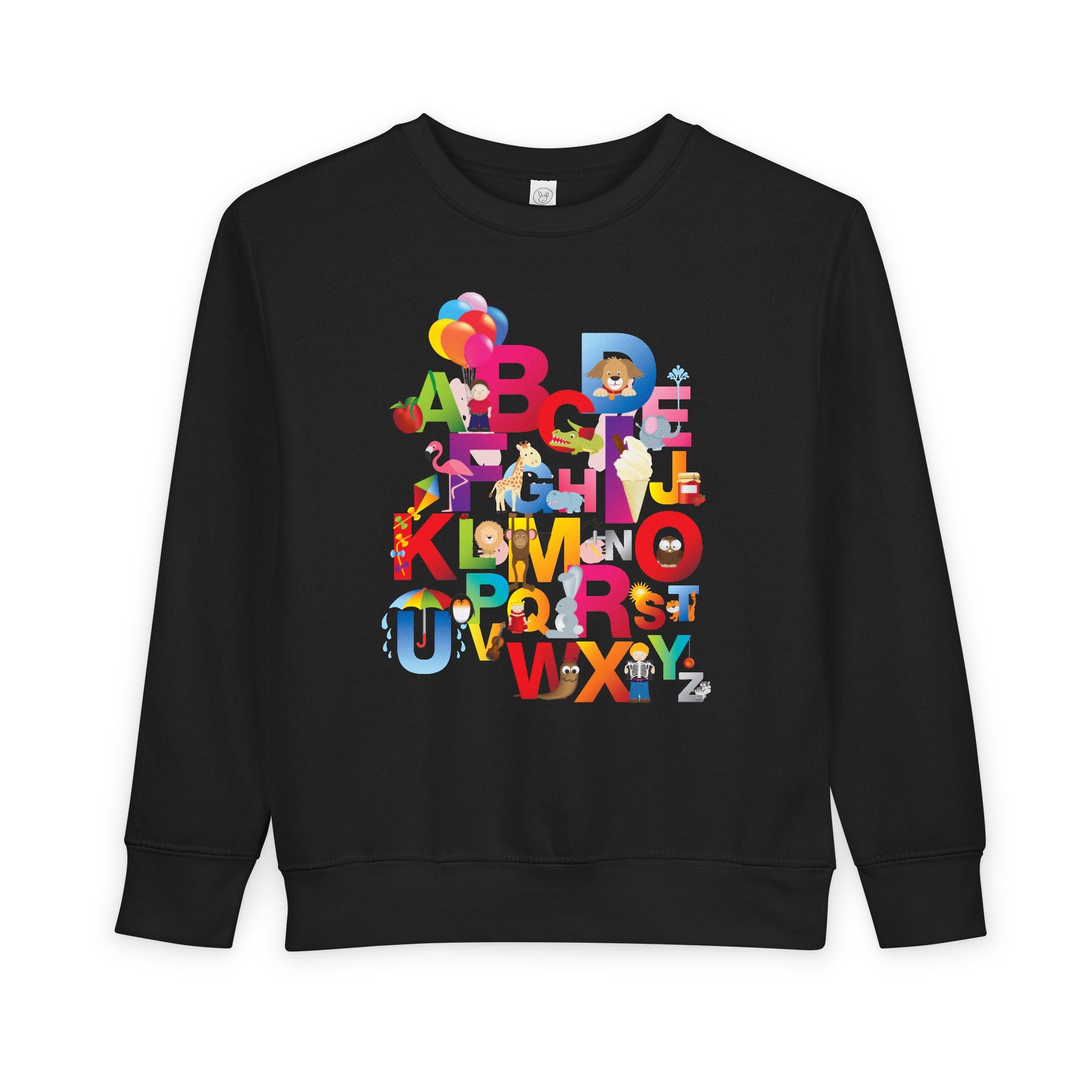 Black sweatshirt with colorful alphabet letters on a white background
