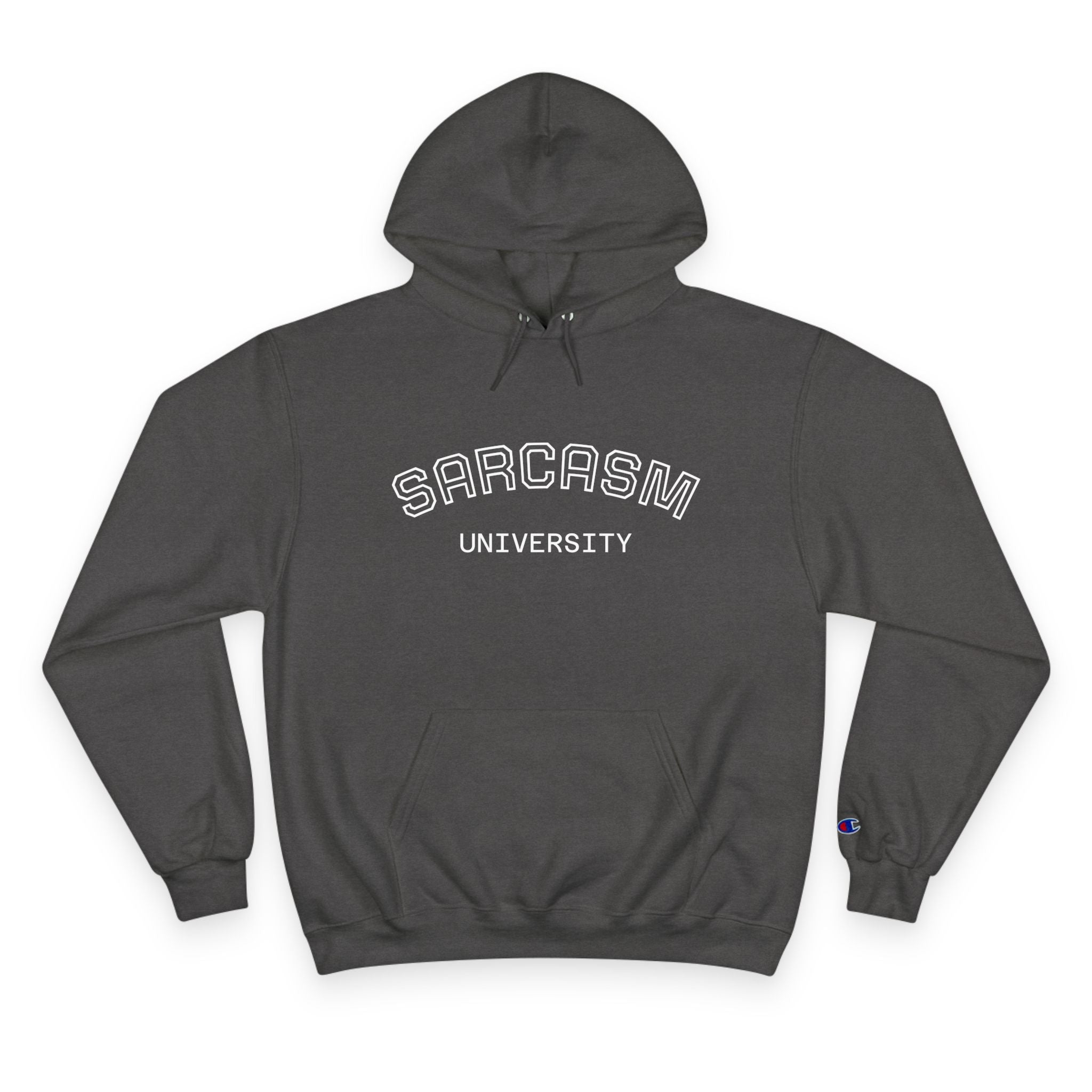 Dark gray hoodie with 'SARCASMI UNIVERSITY' text on a white background