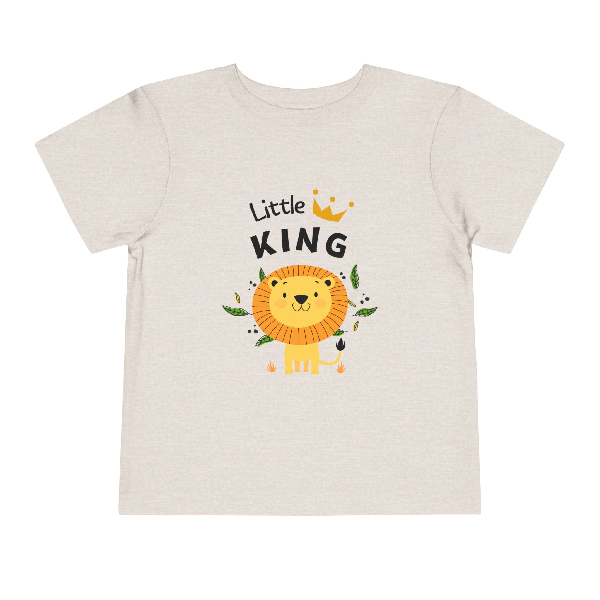 Beige t-shirt with a lion graphic and 'Little King' text on a white background