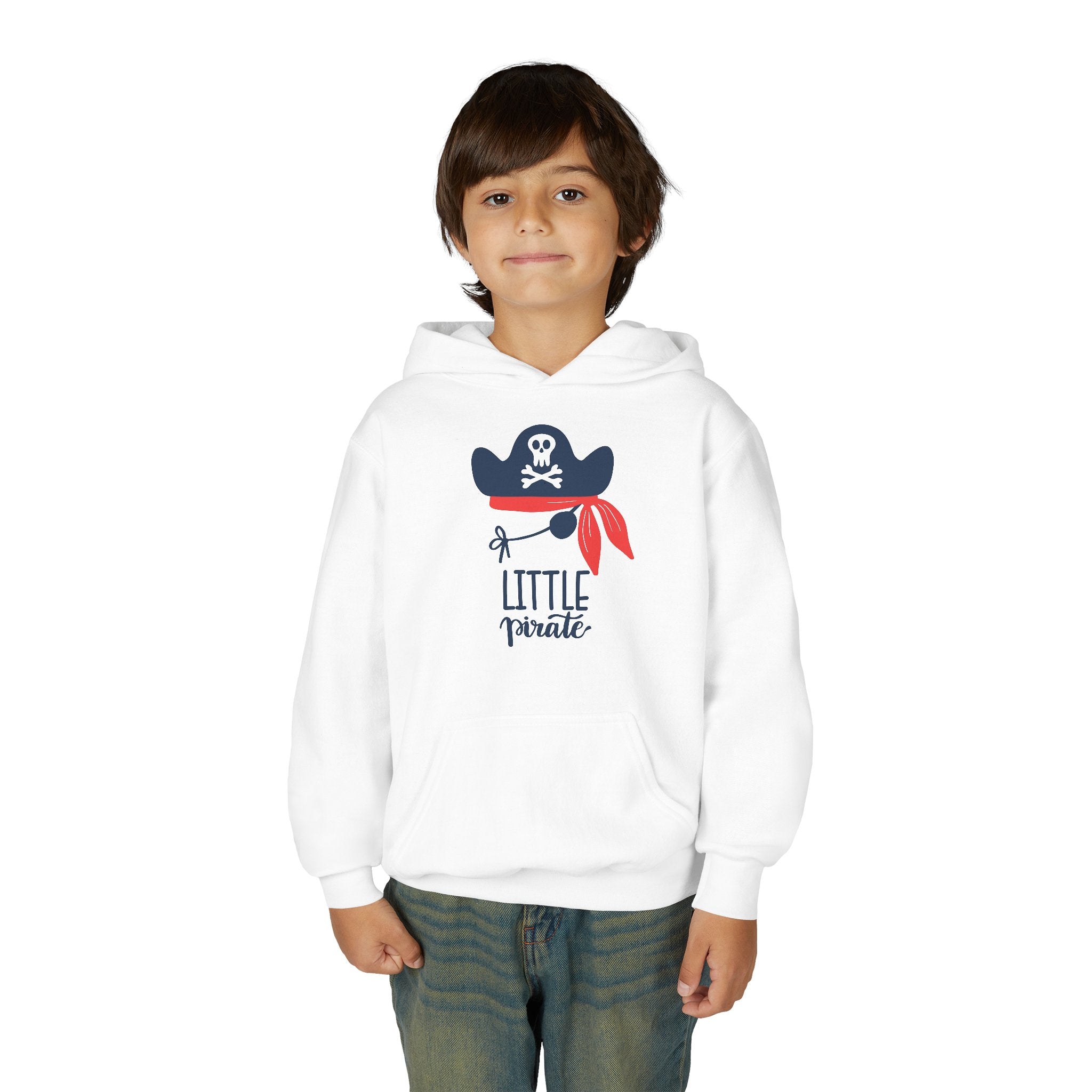 Child wearing a white hoodie with a 'Little Pirate' design on a white background