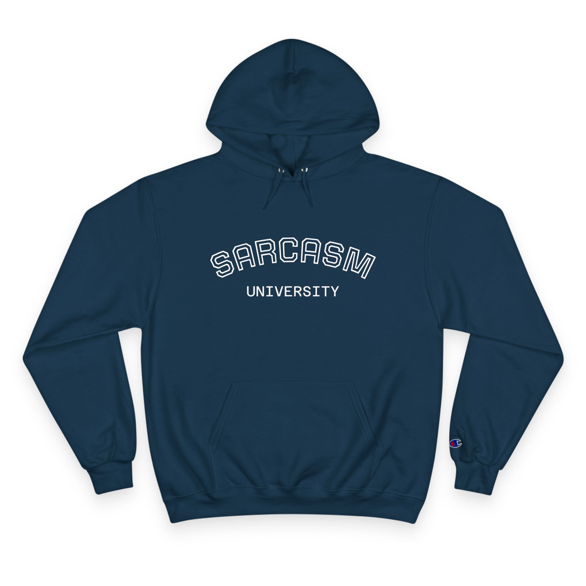 Navy blue hoodie with 'SARCASMI UNIVERSITY' text on a white background