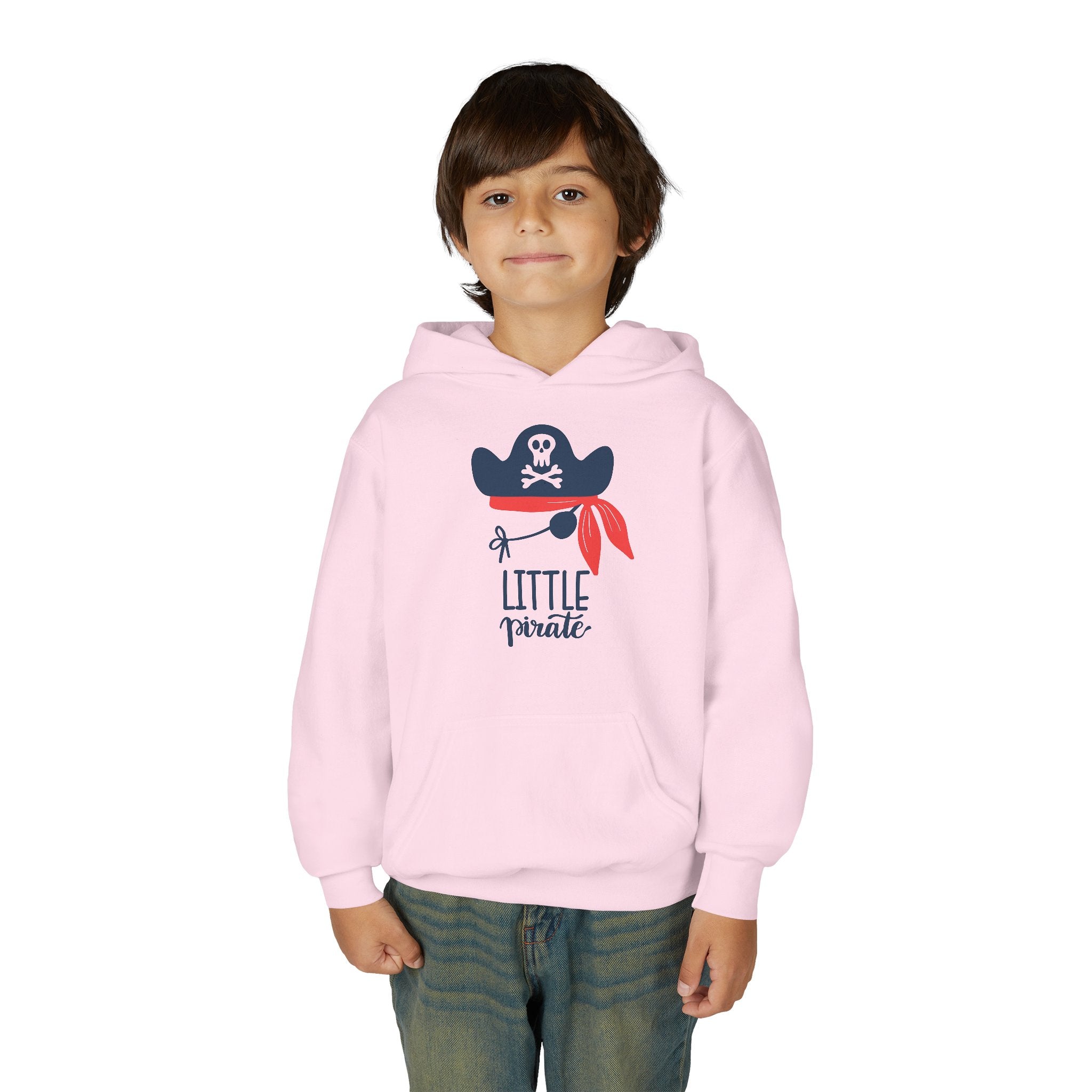 Child wearing a pink hoodie with a 'Little Pirate' design on a white background