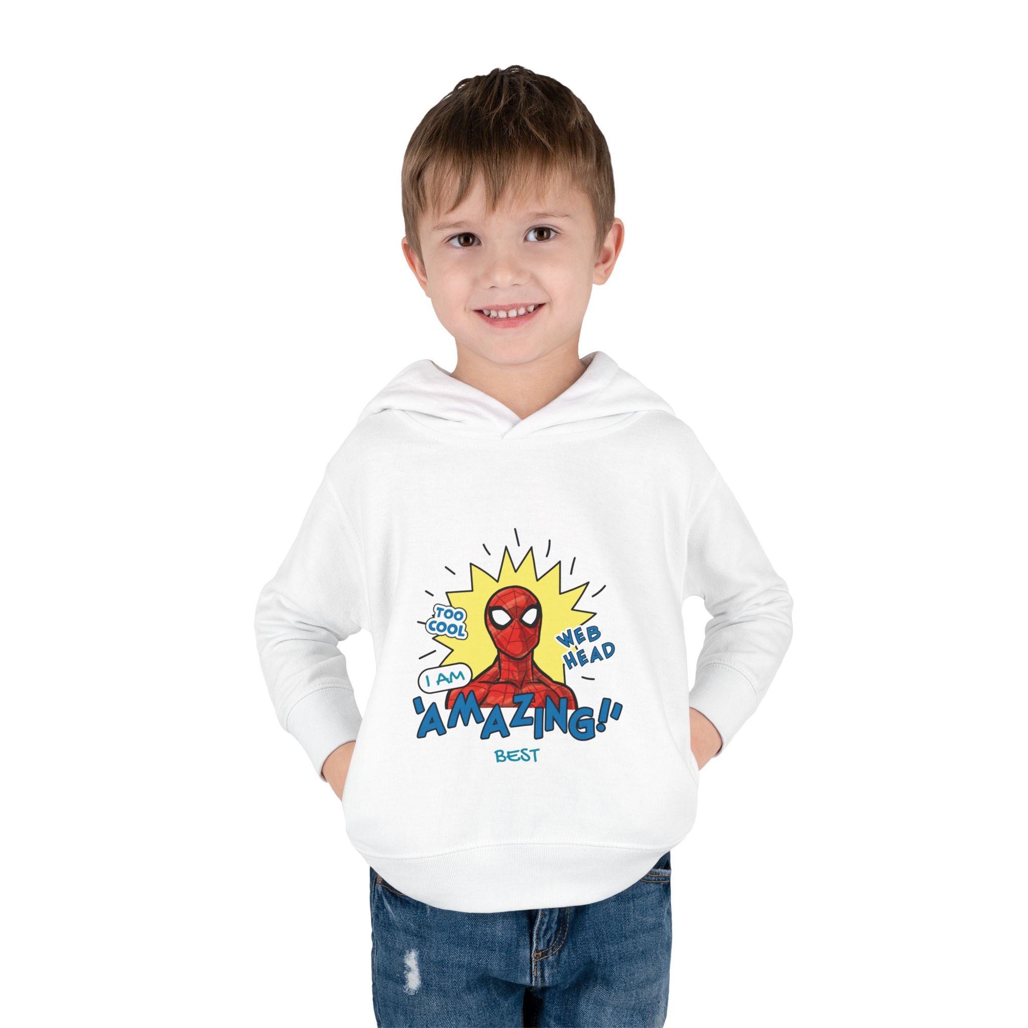 Child wearing a white hoodie with Spider-Man design on a white background
