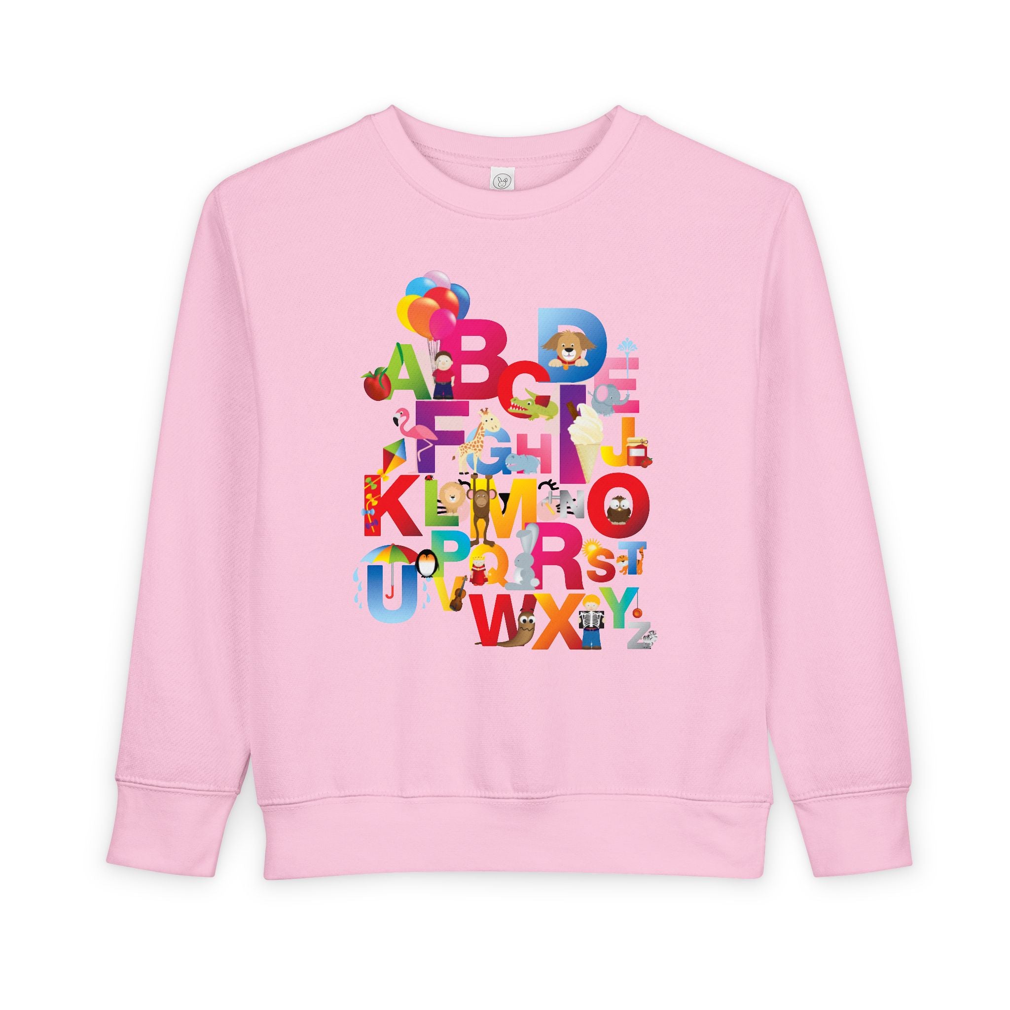 Pink sweatshirt with colorful alphabet letters on a white background