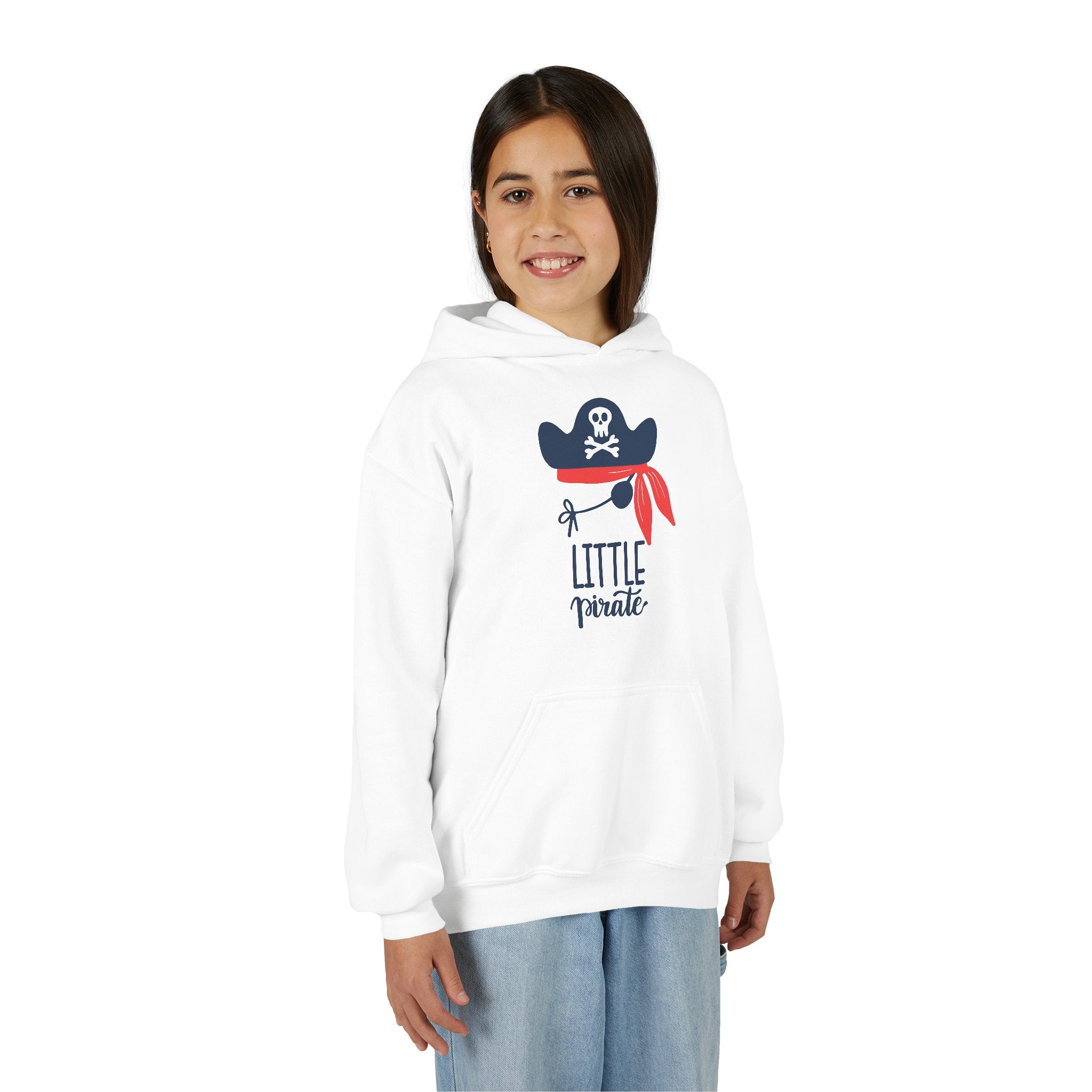 White hoodie with a 'Little Pirate' design worn by a person on a white background
