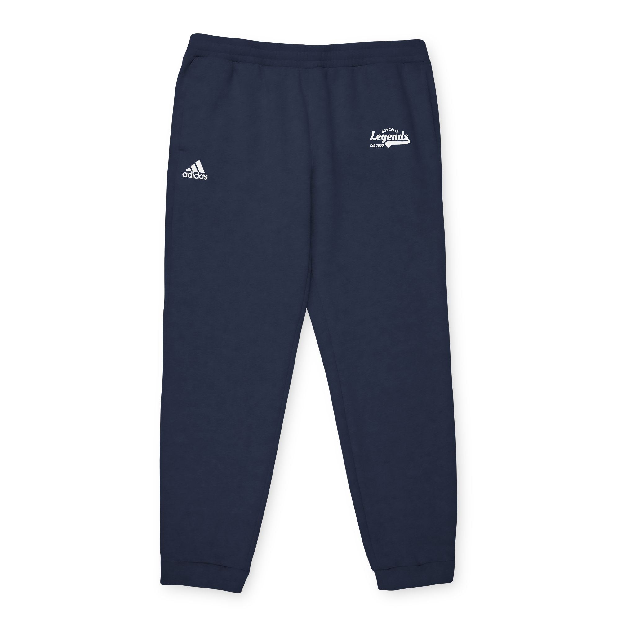 Navy blue sweatpants with Adidas and Legends logos on a white background