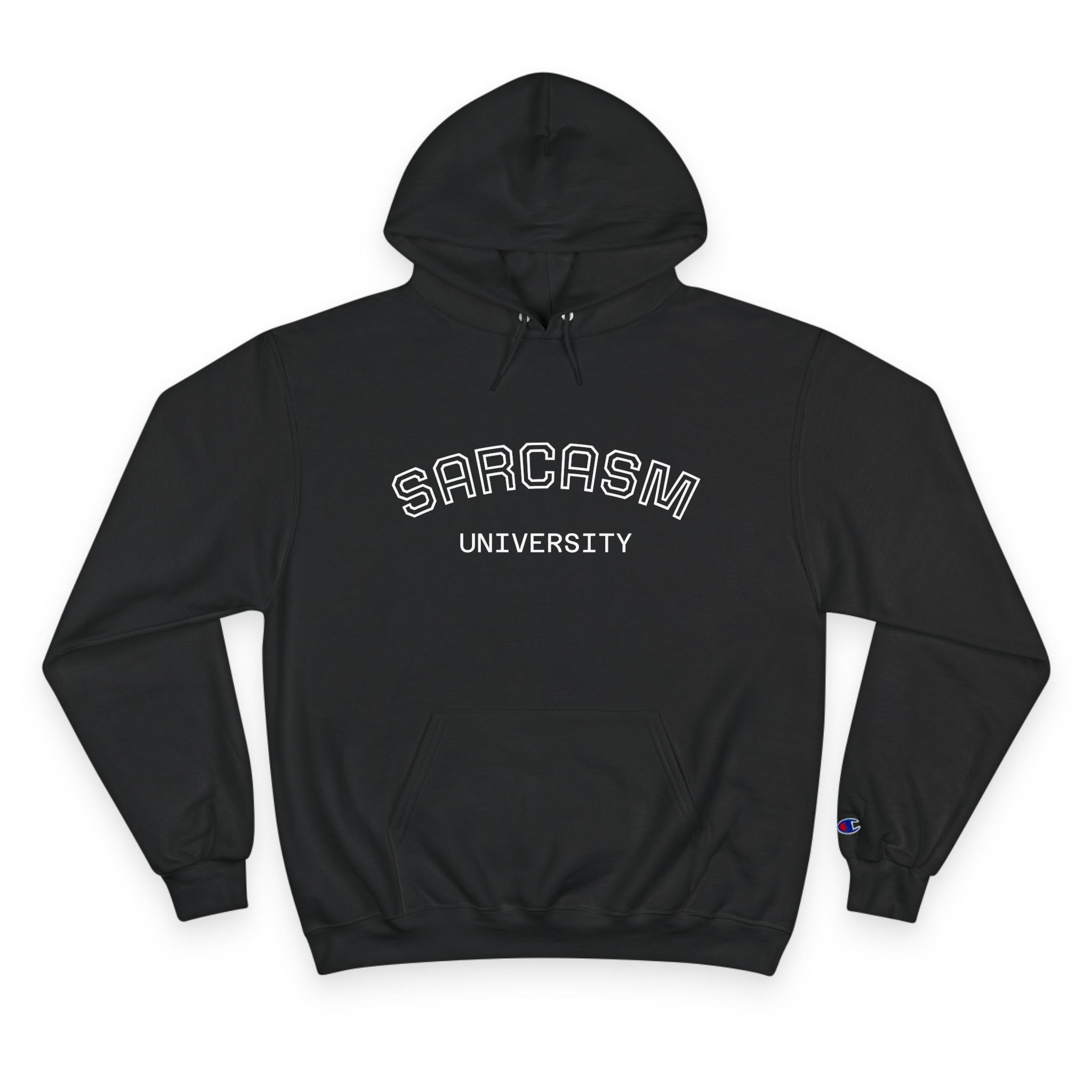 Black hoodie with 'SARCASMI UNIVERSITY' text on a white background