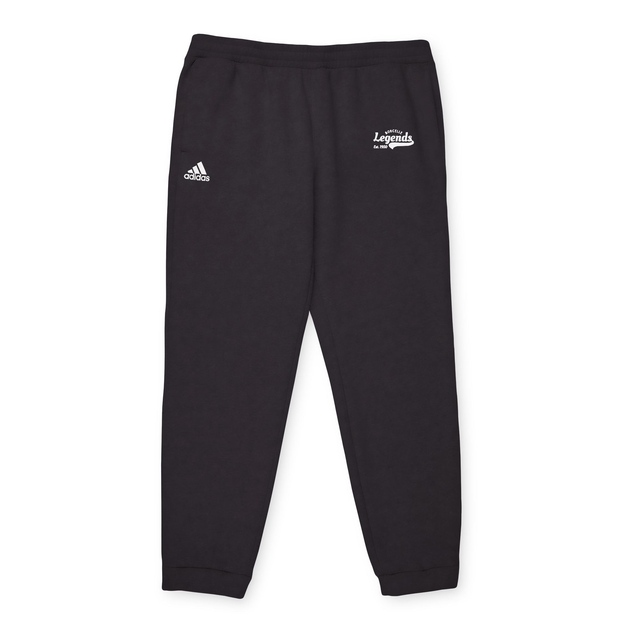 Black Adidas sweatpants with a logo on a white background