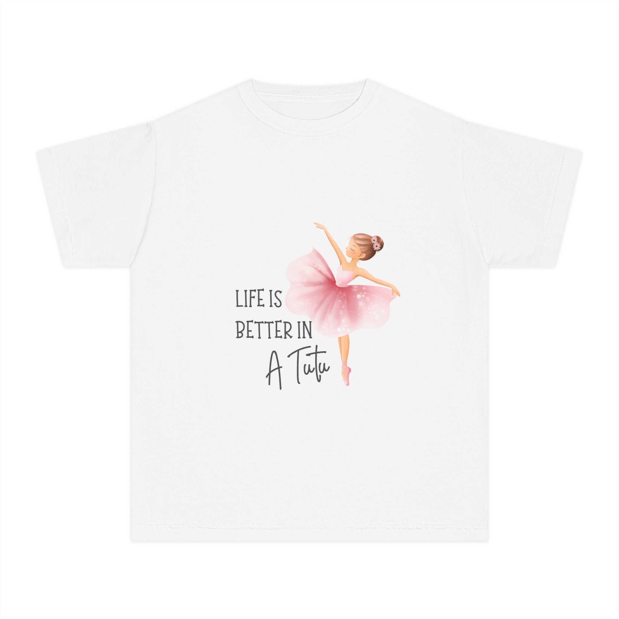 White t-shirt with a graphic of a ballerina in a pink tutu and text 'Life is better in a tutu' on a white background.