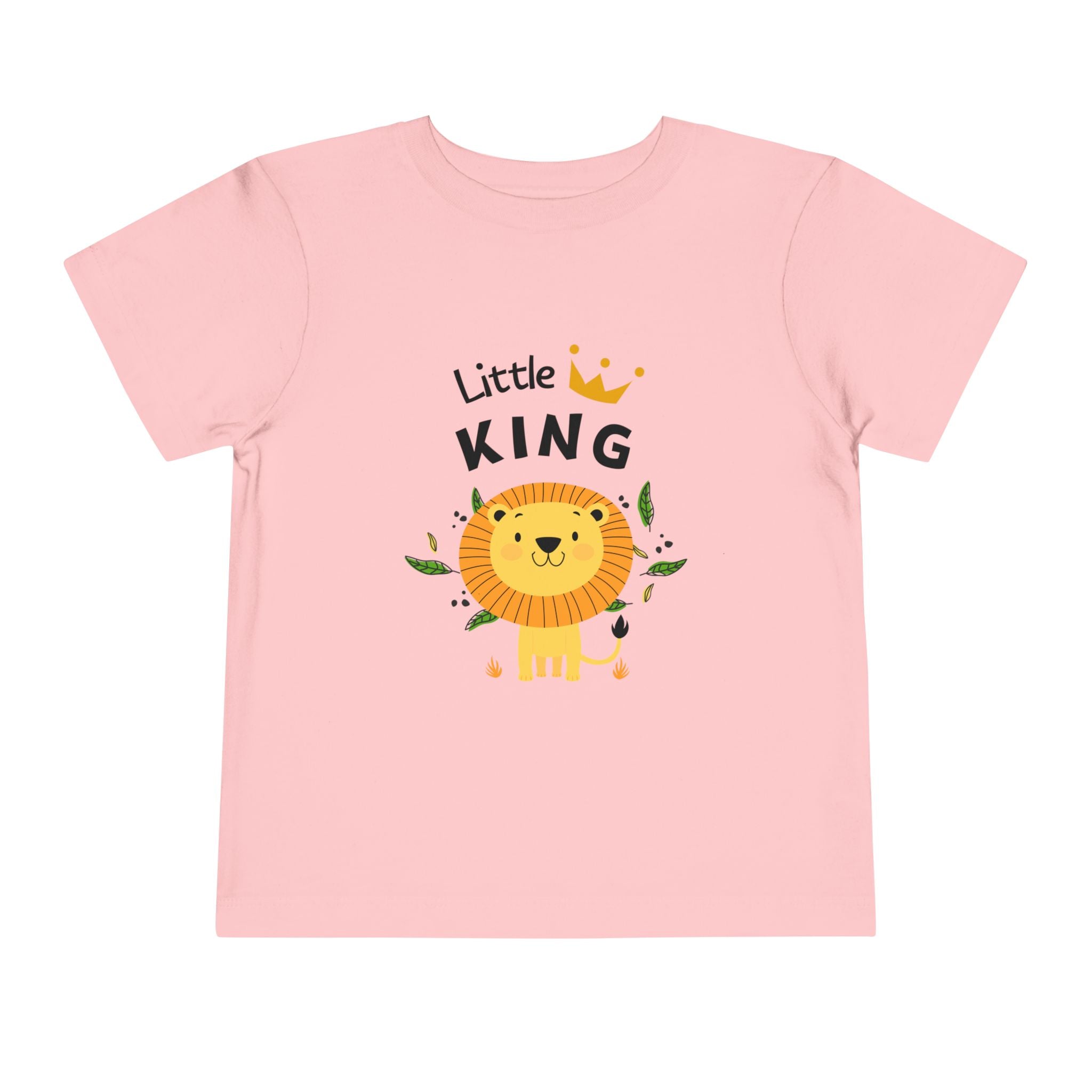 Pink t-shirt with a lion graphic and 'Little King' text on a white background