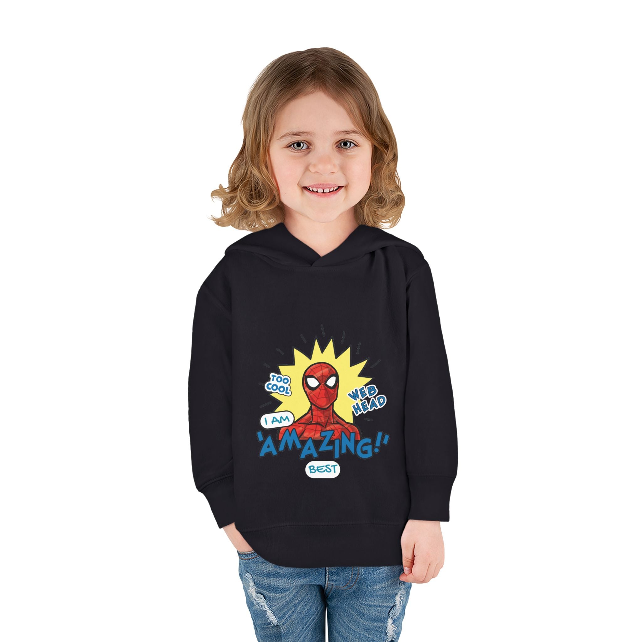Child wearing a black hoodie with Spider-Man design on a white background