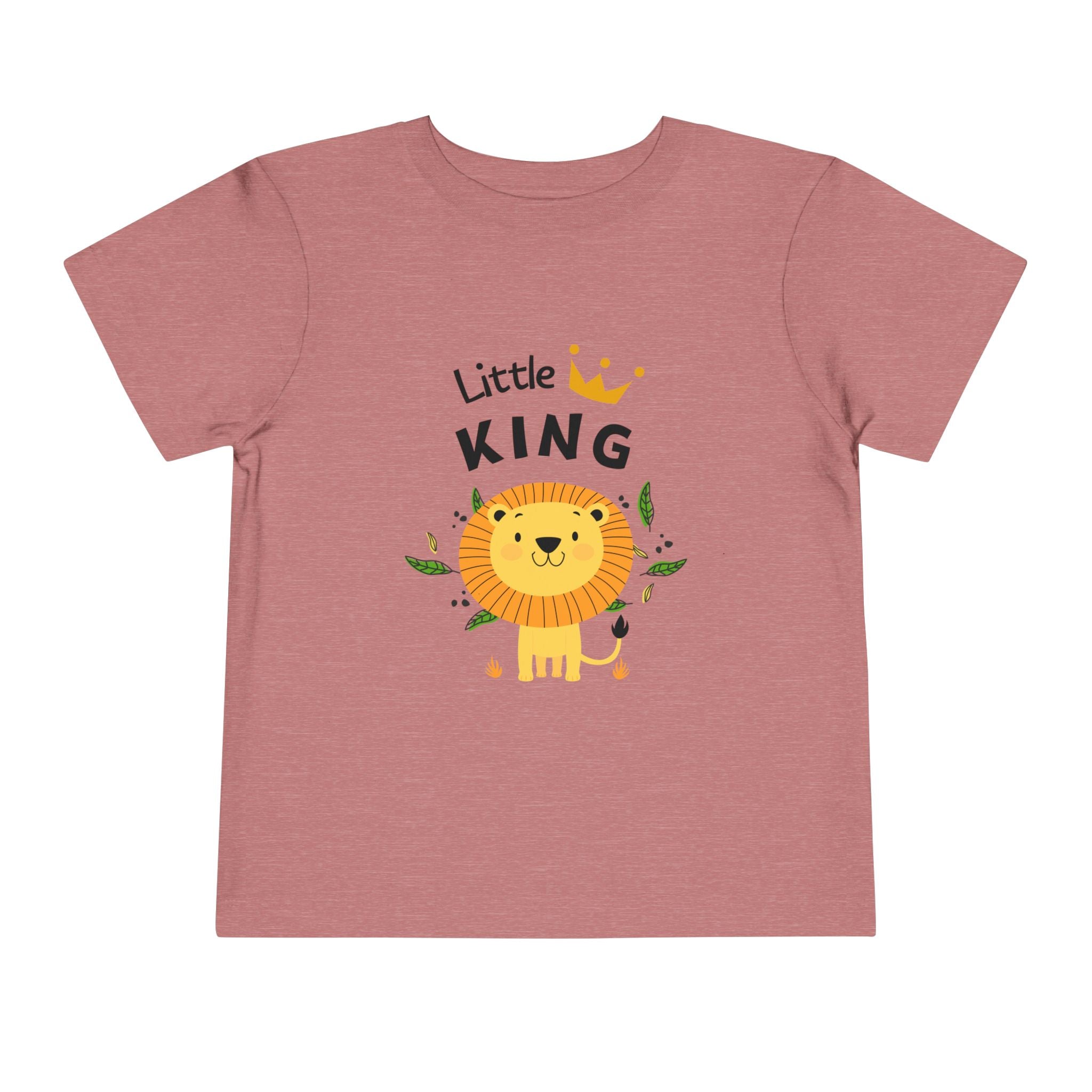 Pink t-shirt with a lion graphic and 'Little King' text on a white background