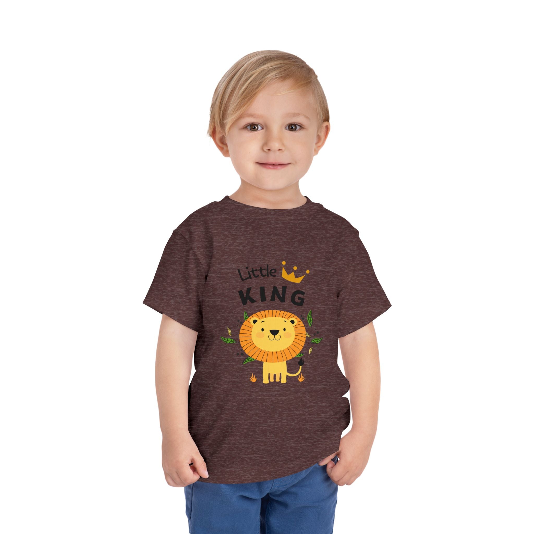Child wearing a brown t-shirt with a lion graphic and text on a white background