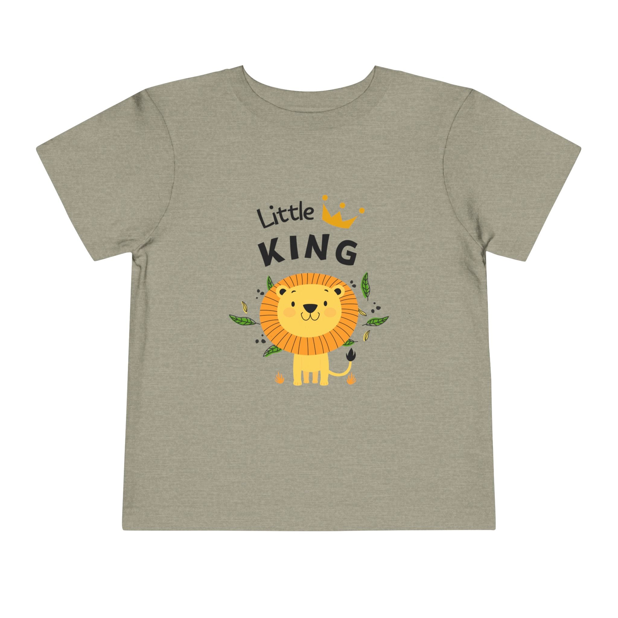 Children's t-shirt with a lion graphic and 'Little King' text on a beige background
