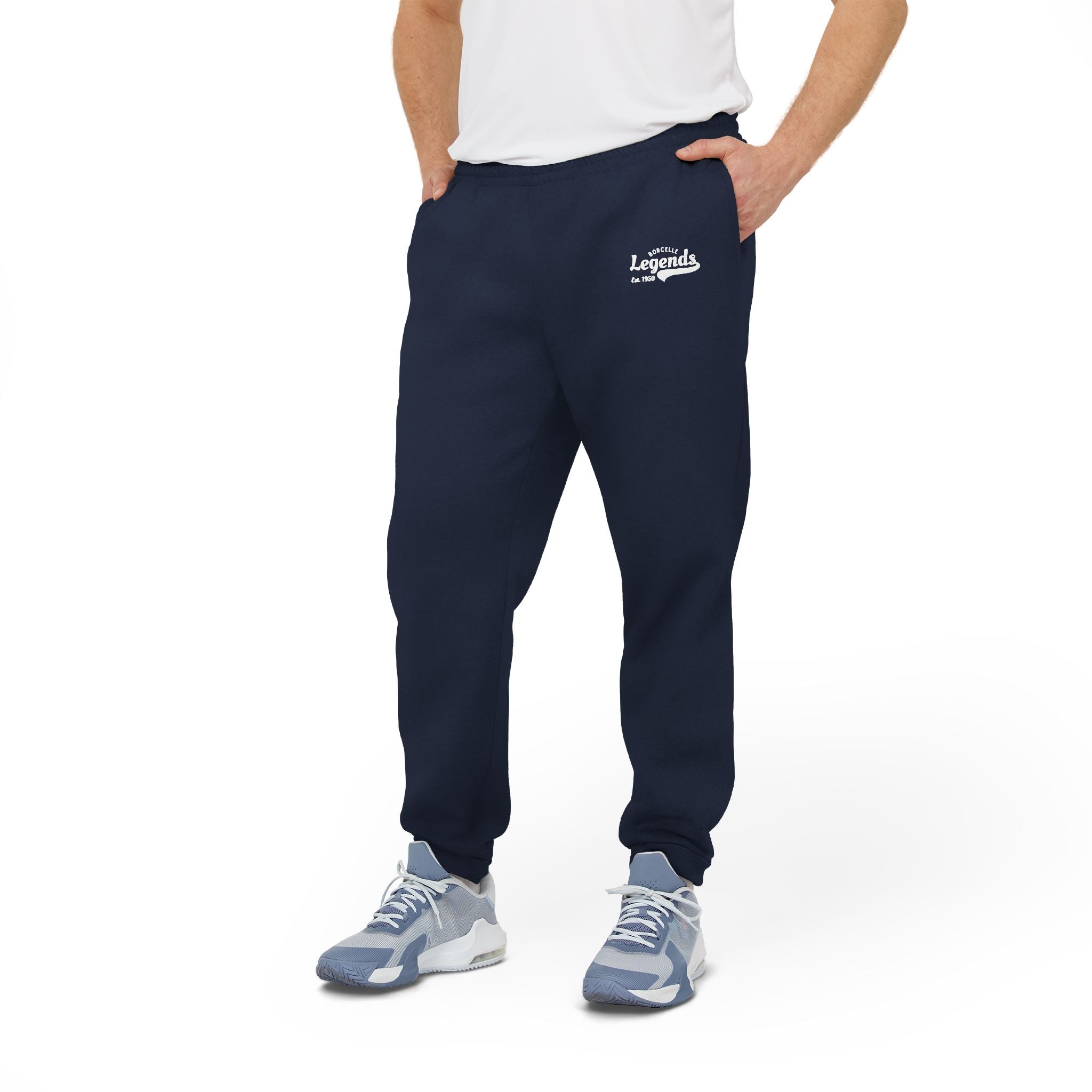 Navy sweatpants with a logo worn by a person on a white background