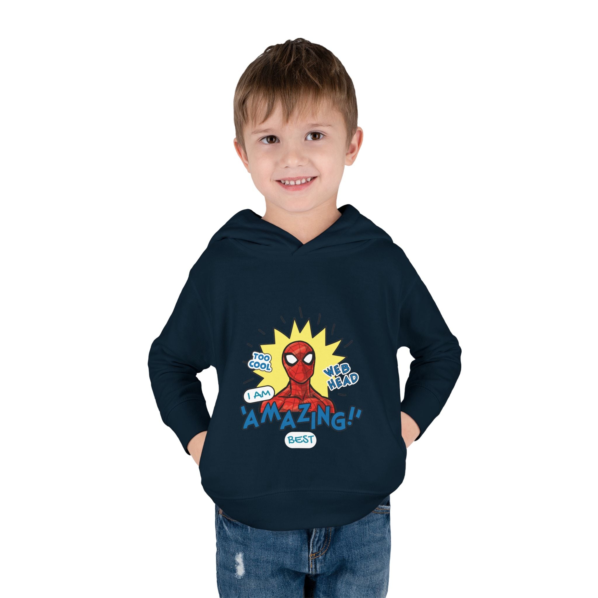 Child wearing a navy hoodie with Spider-Man graphic on a white background