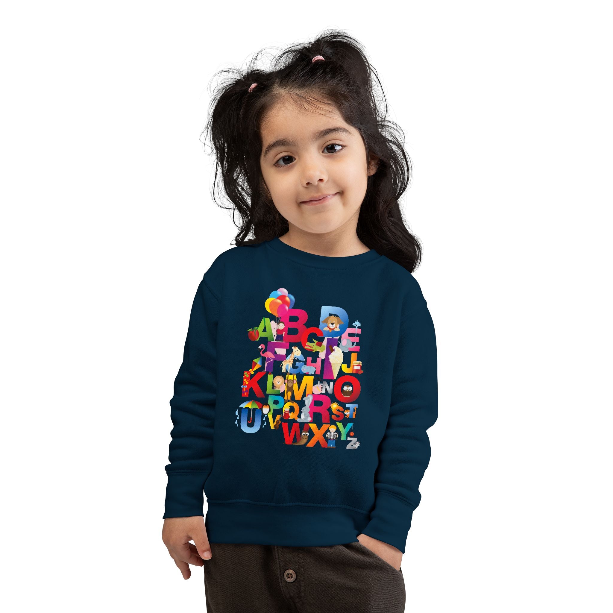 Child wearing a navy blue sweatshirt with colorful letters on a white background
