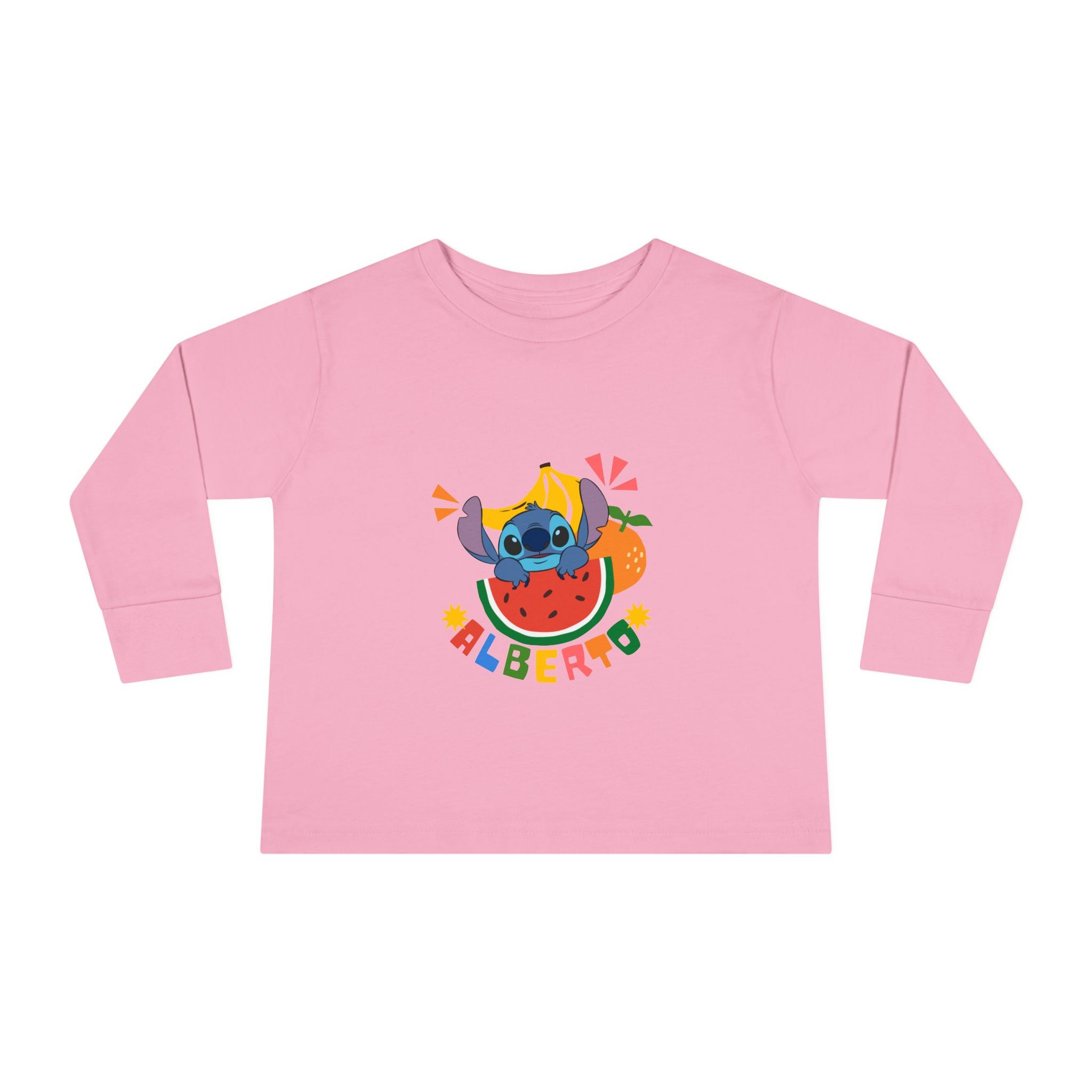 Pink long-sleeve shirt with cartoon character and 'Alberico' text on a white background