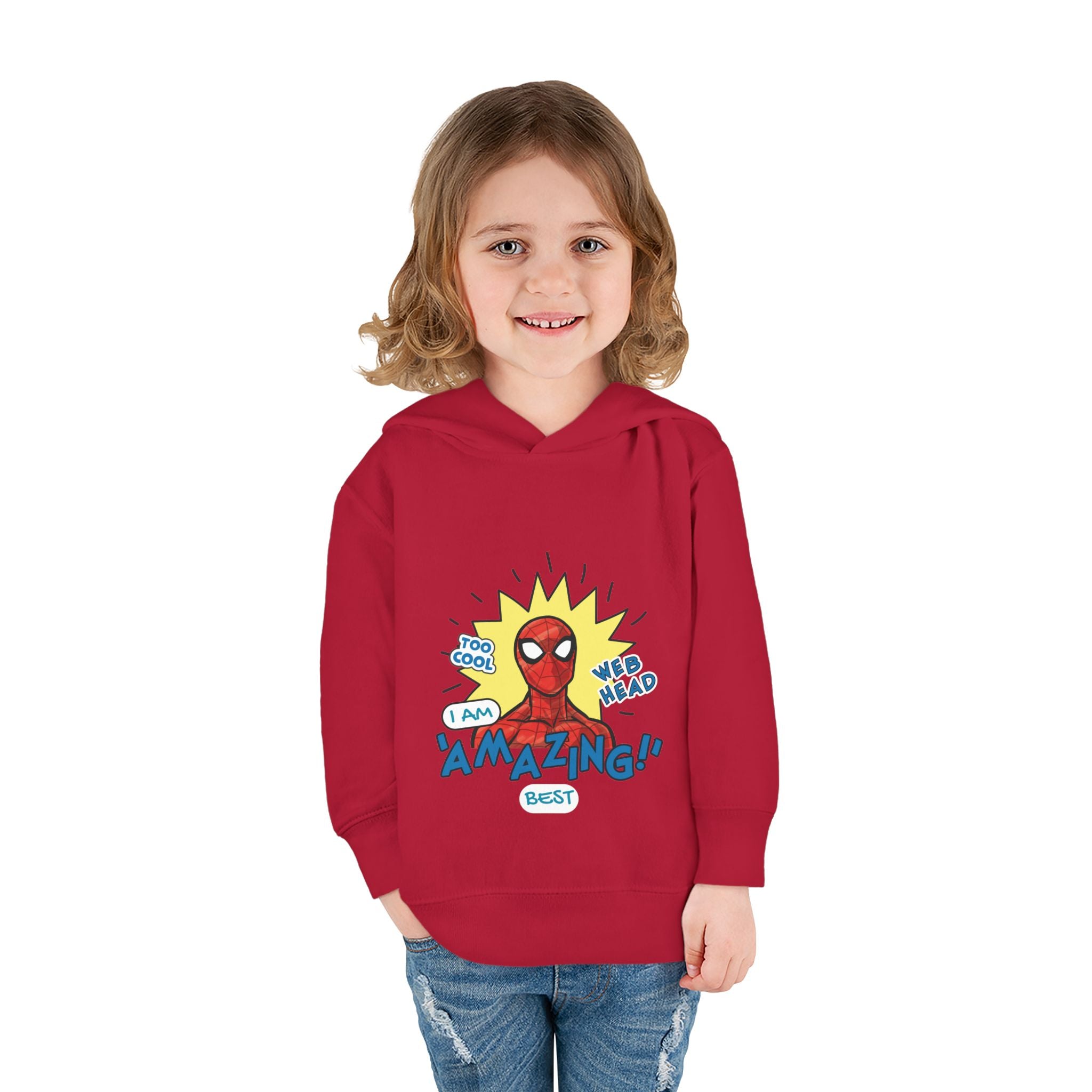 Child wearing a red hoodie with Spider-Man graphic and text on a white background