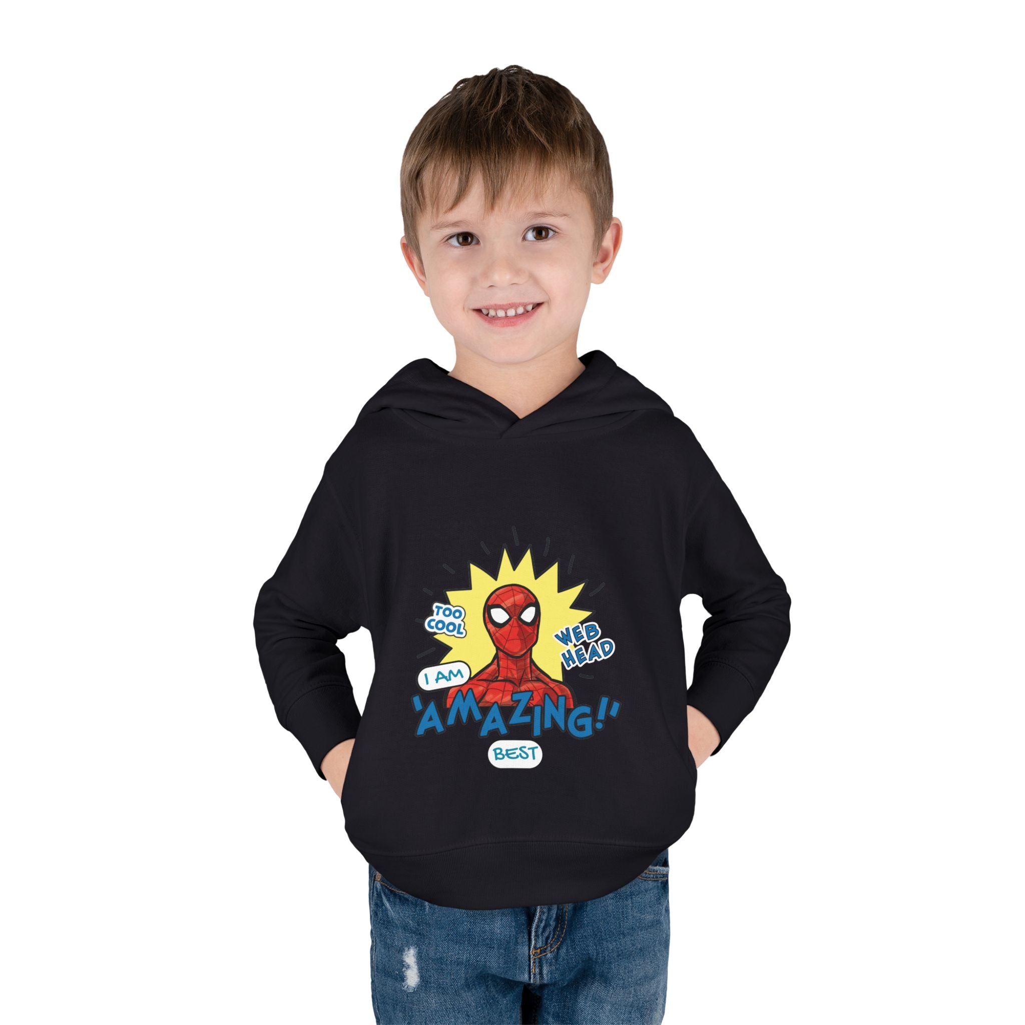 Child wearing a black hoodie with Spider-Man graphic on a white background