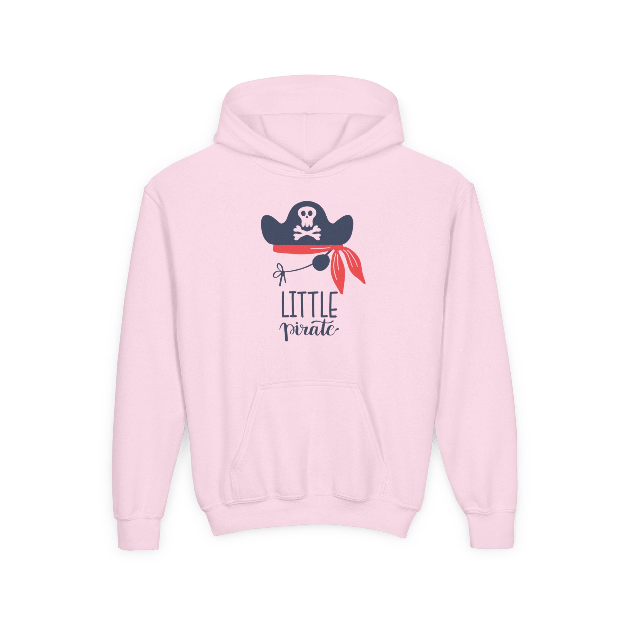Pink hoodie with a pirate design and text on a white background