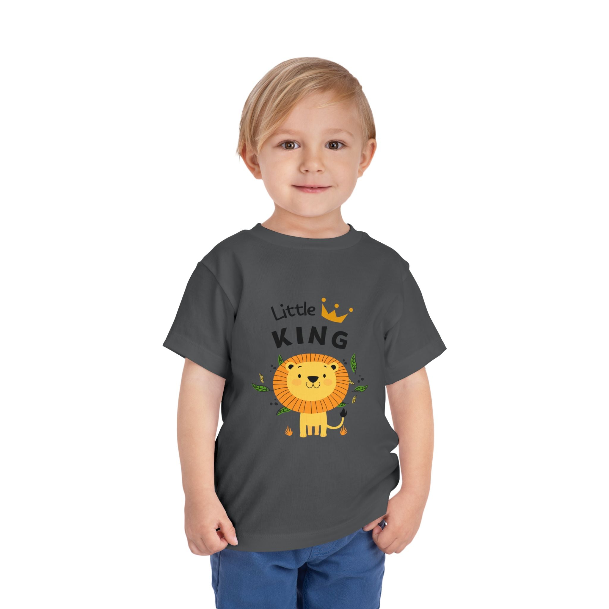 Child wearing a gray t-shirt with a lion graphic and 'Little King' text on a white background