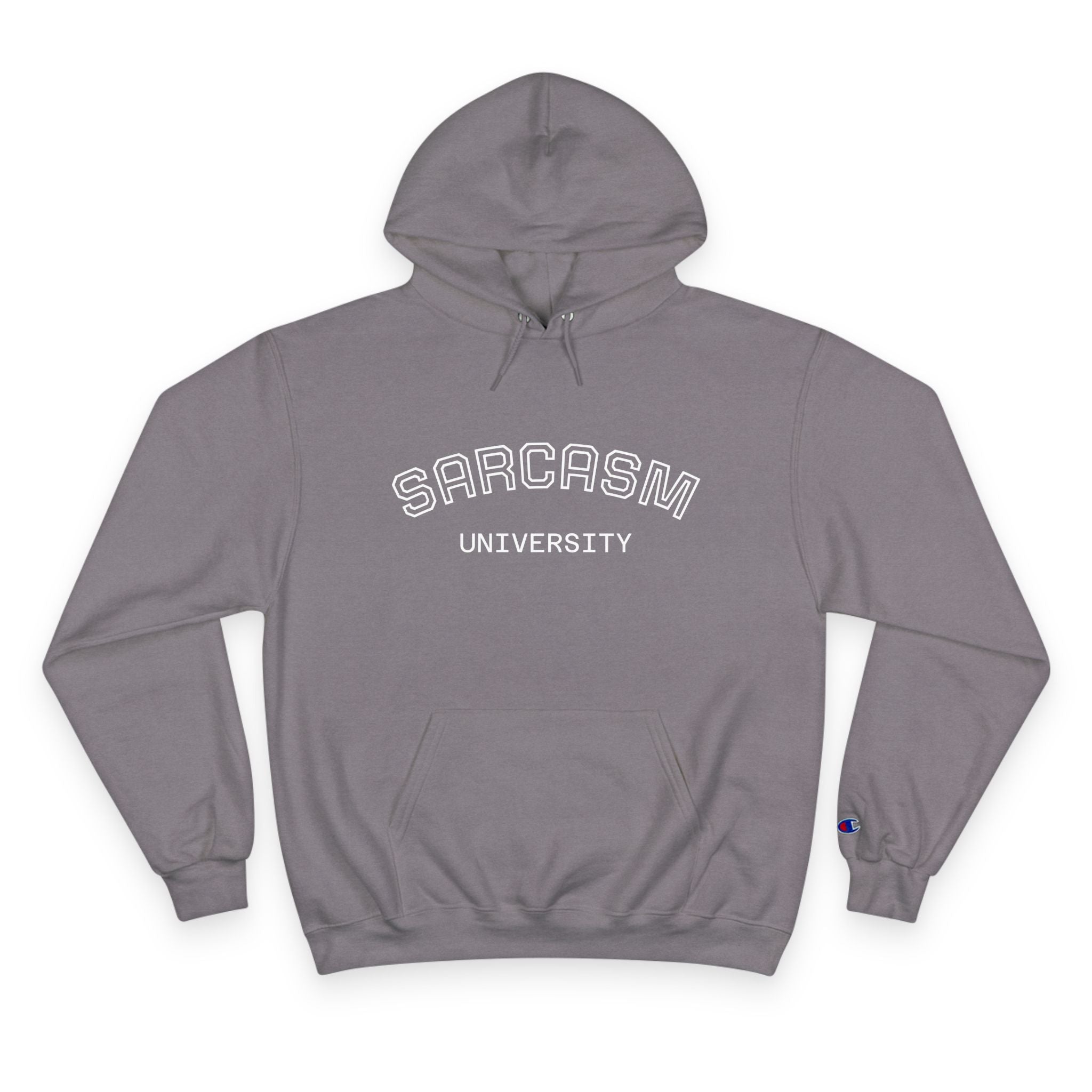 Gray hoodie with 'SARCASM UNIVERSITY' text on a white background
