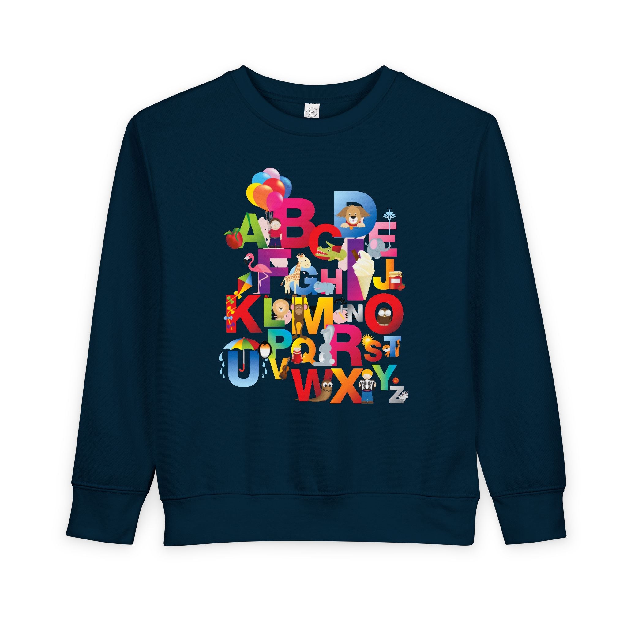 Navy blue sweatshirt with colorful alphabet letters on a white background