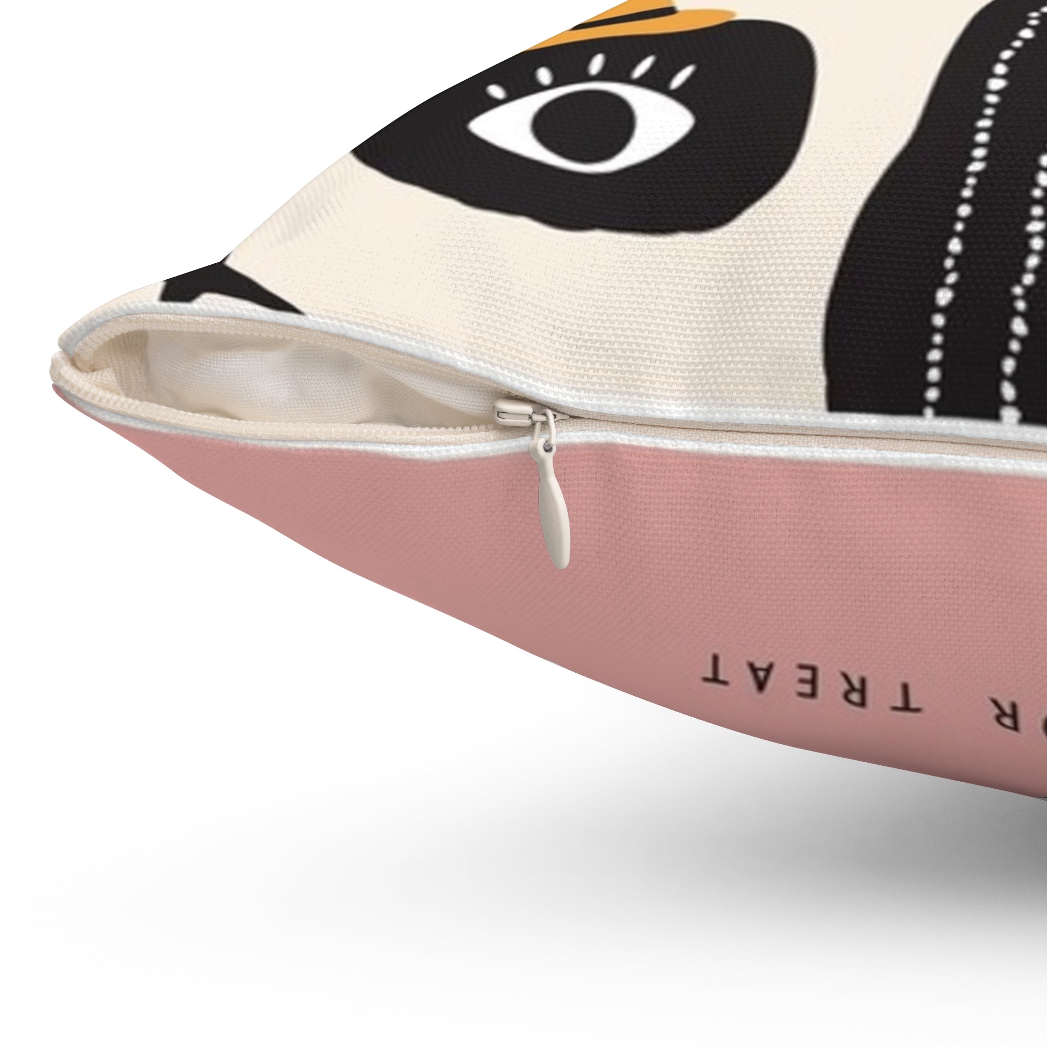 Pillow with a face design and visible brand name on a white background