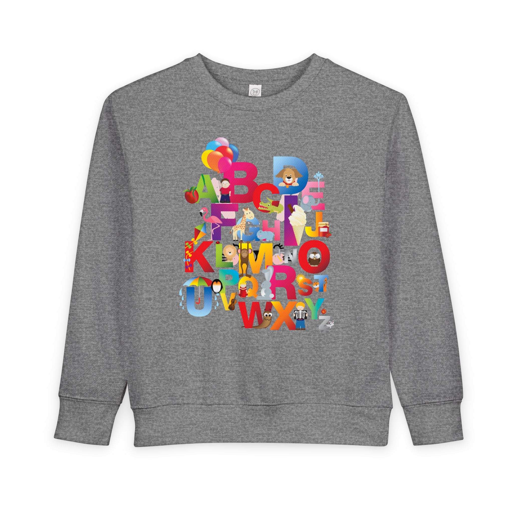 Gray sweatshirt with colorful alphabet design on a white background