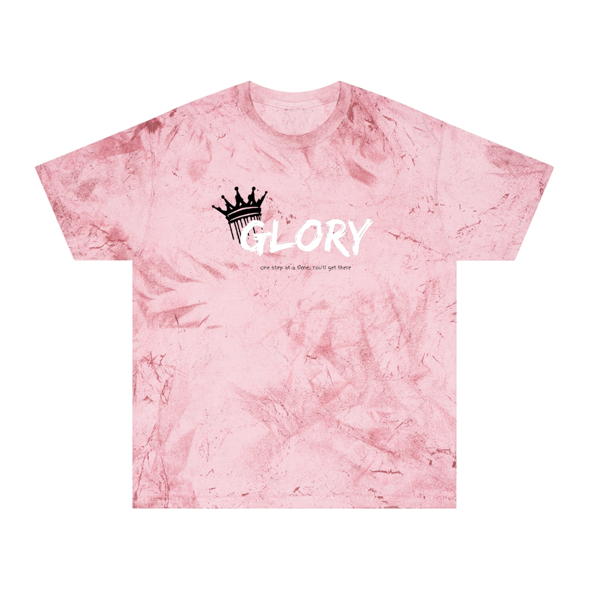 Pink tie-dye t-shirt with a black crown and white 'GLORY' text on a white background