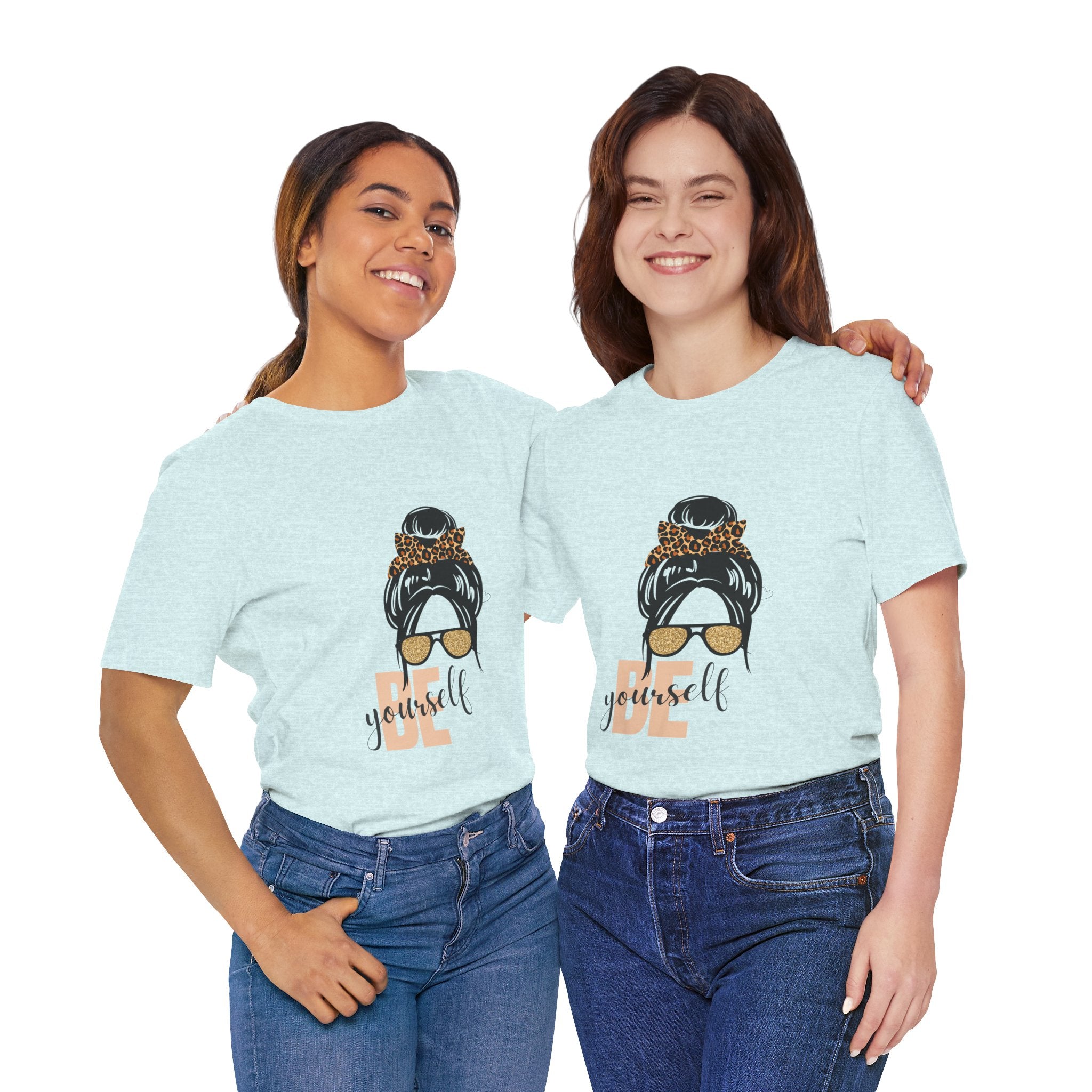 Be Yourself Leopard Bun Girl T-Shirt - Glitter Sunglasses Graphic Shirt