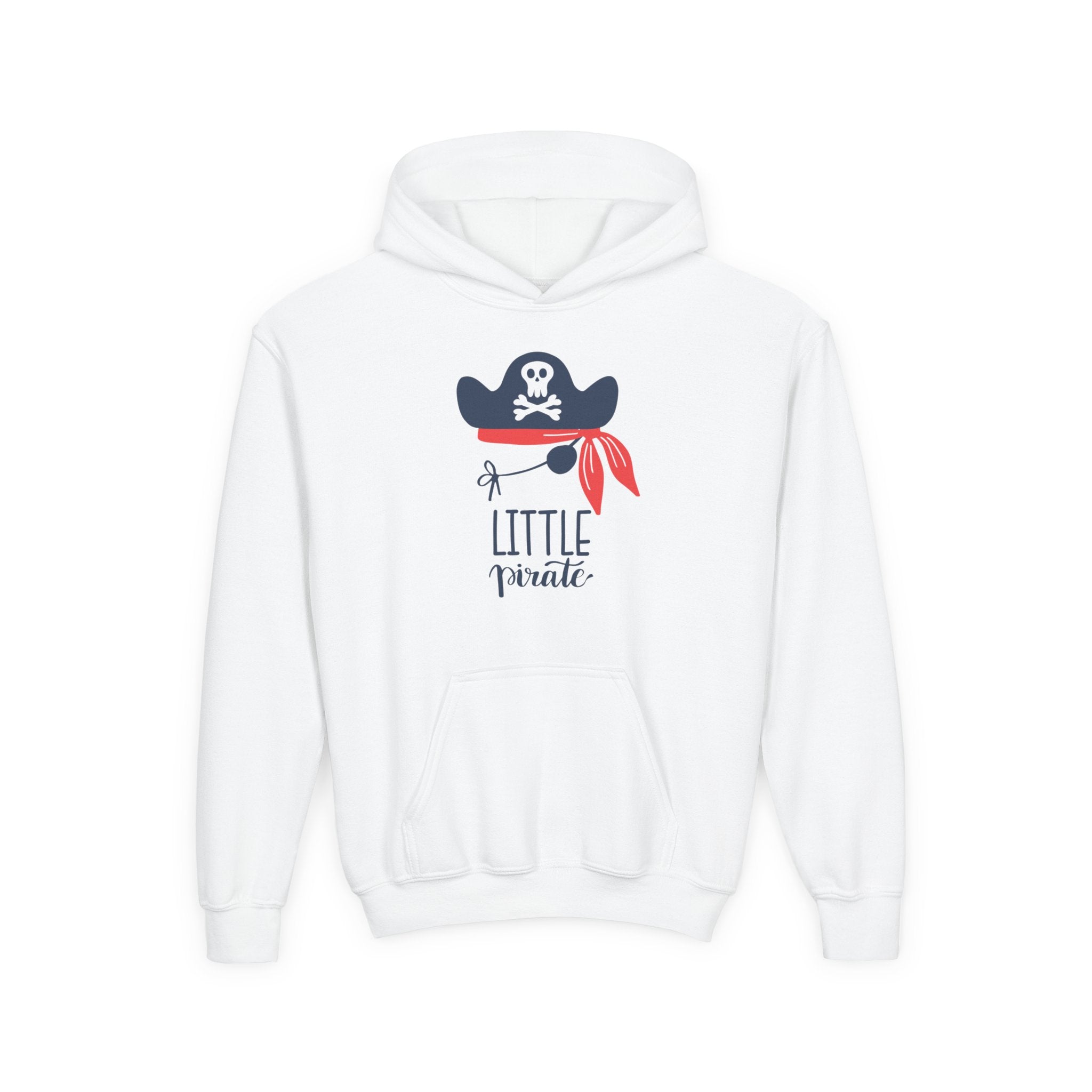 White hoodie with a pirate-themed design on a white background