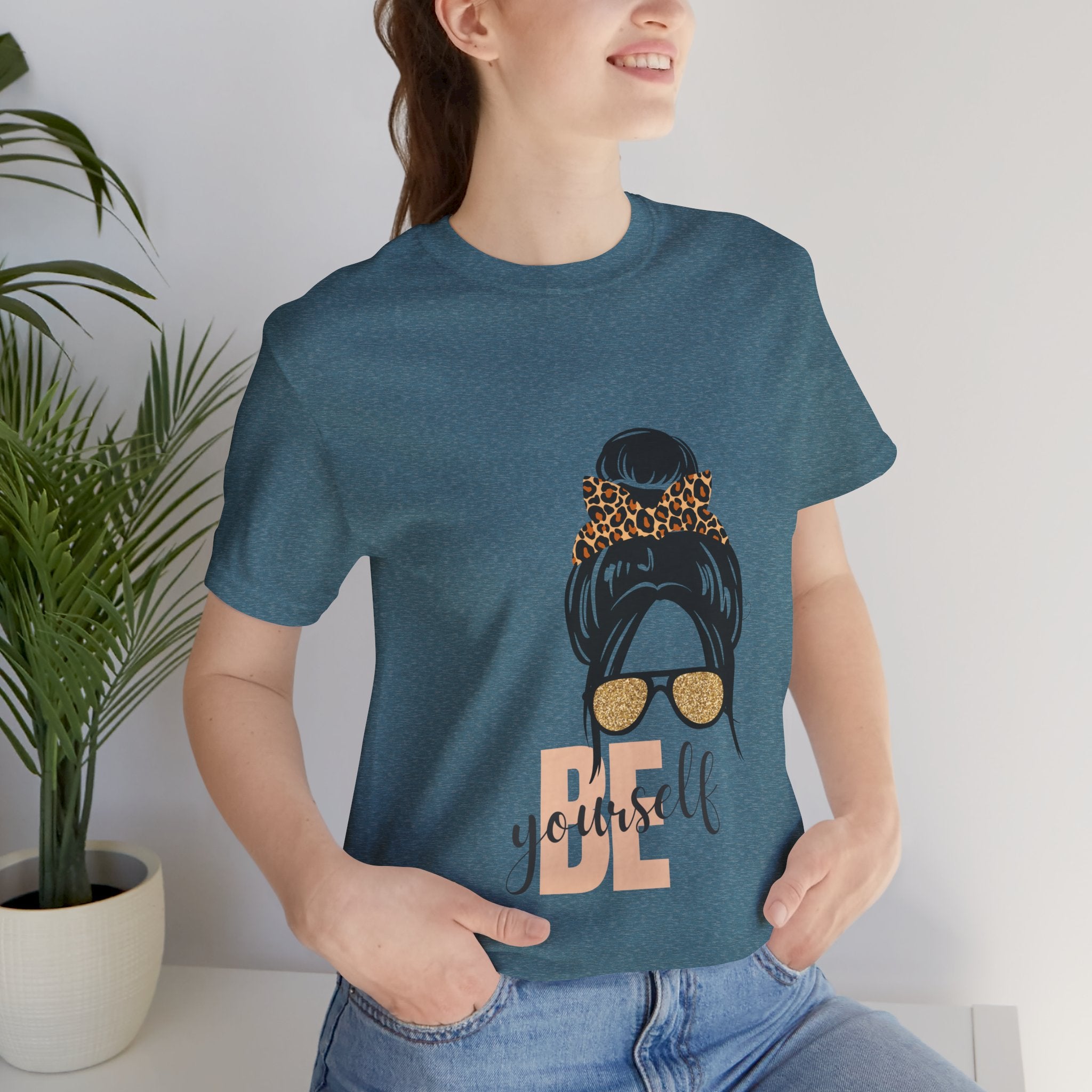 Be Yourself Leopard Bun Girl T-Shirt - Glitter Sunglasses Graphic Shirt