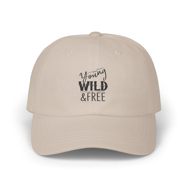 Beige cap with 'Young Wild & Free' text on a white background