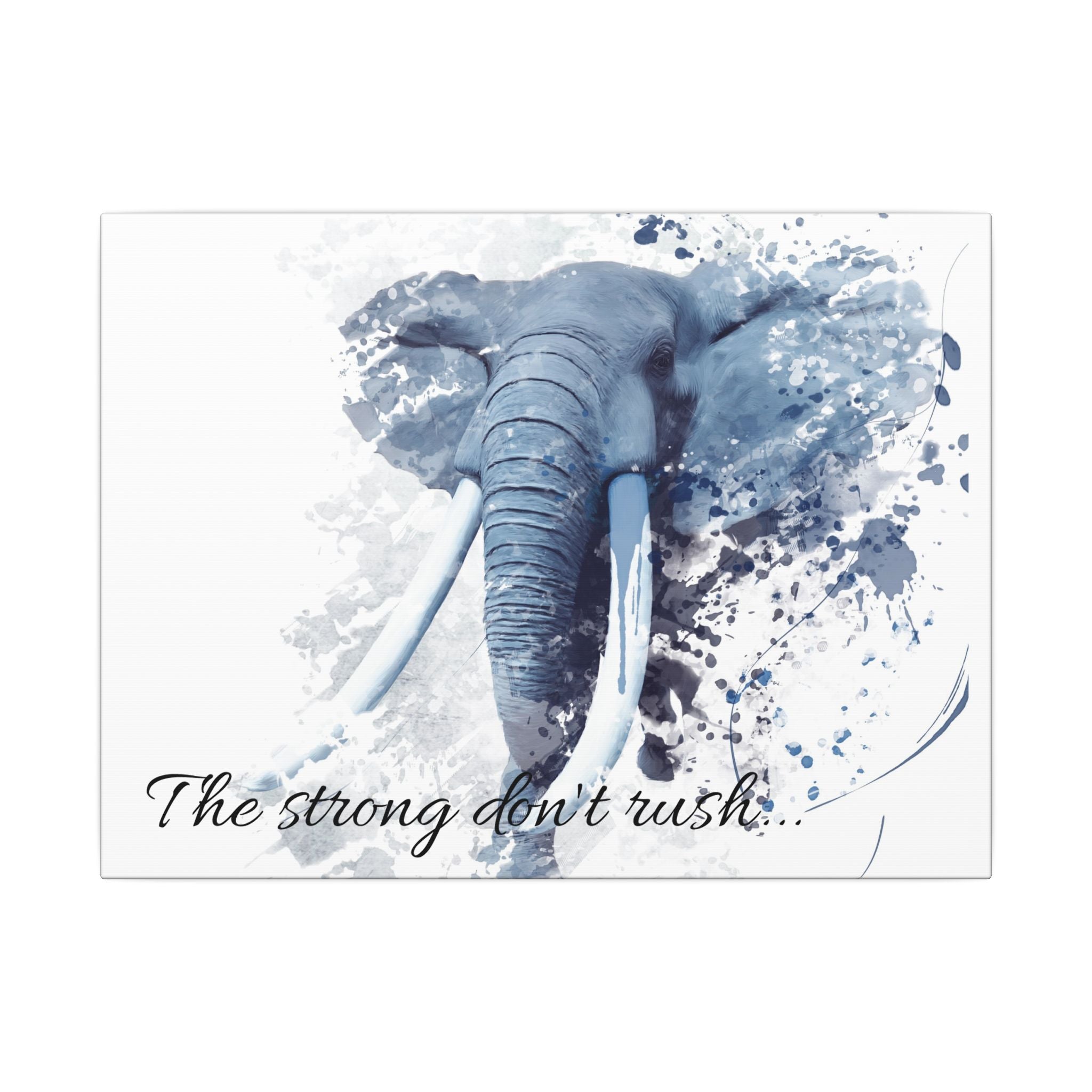 Blue elephant illustration with watercolor splashes and text on a white background