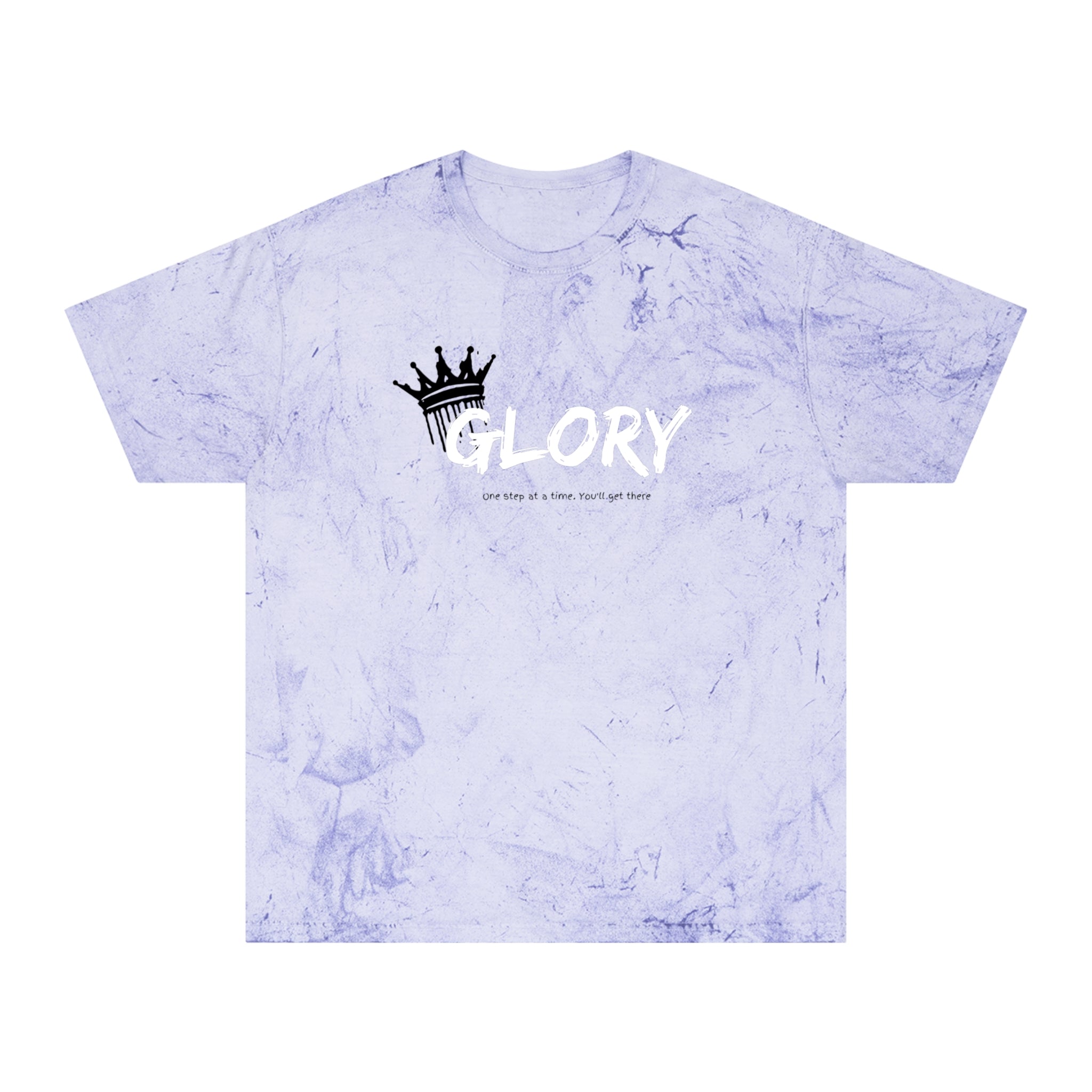 Tie-dye t-shirt with 'GLORY' and crown design on a white background