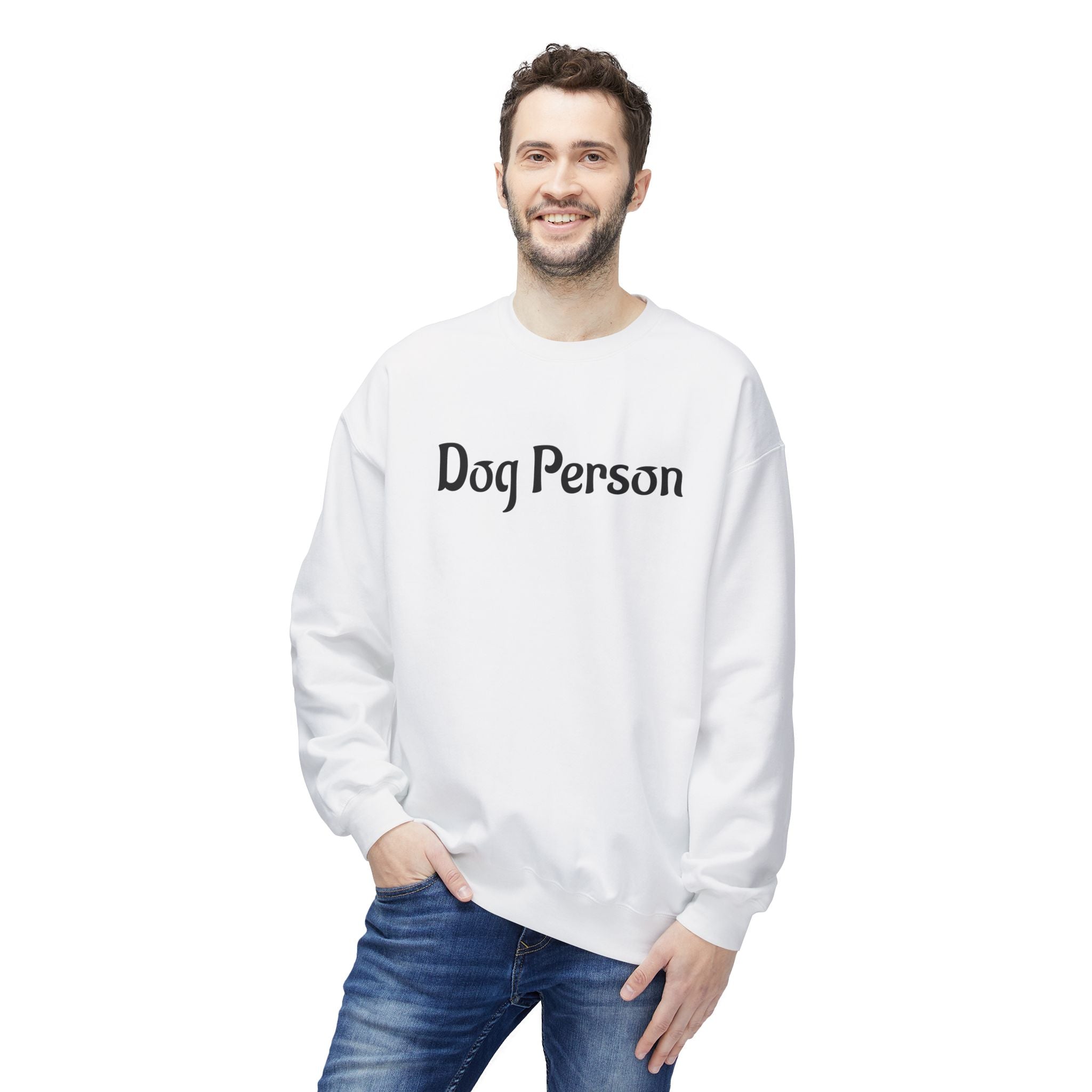 Man wearing a white sweatshirt with 'Dog Person' text on a white background