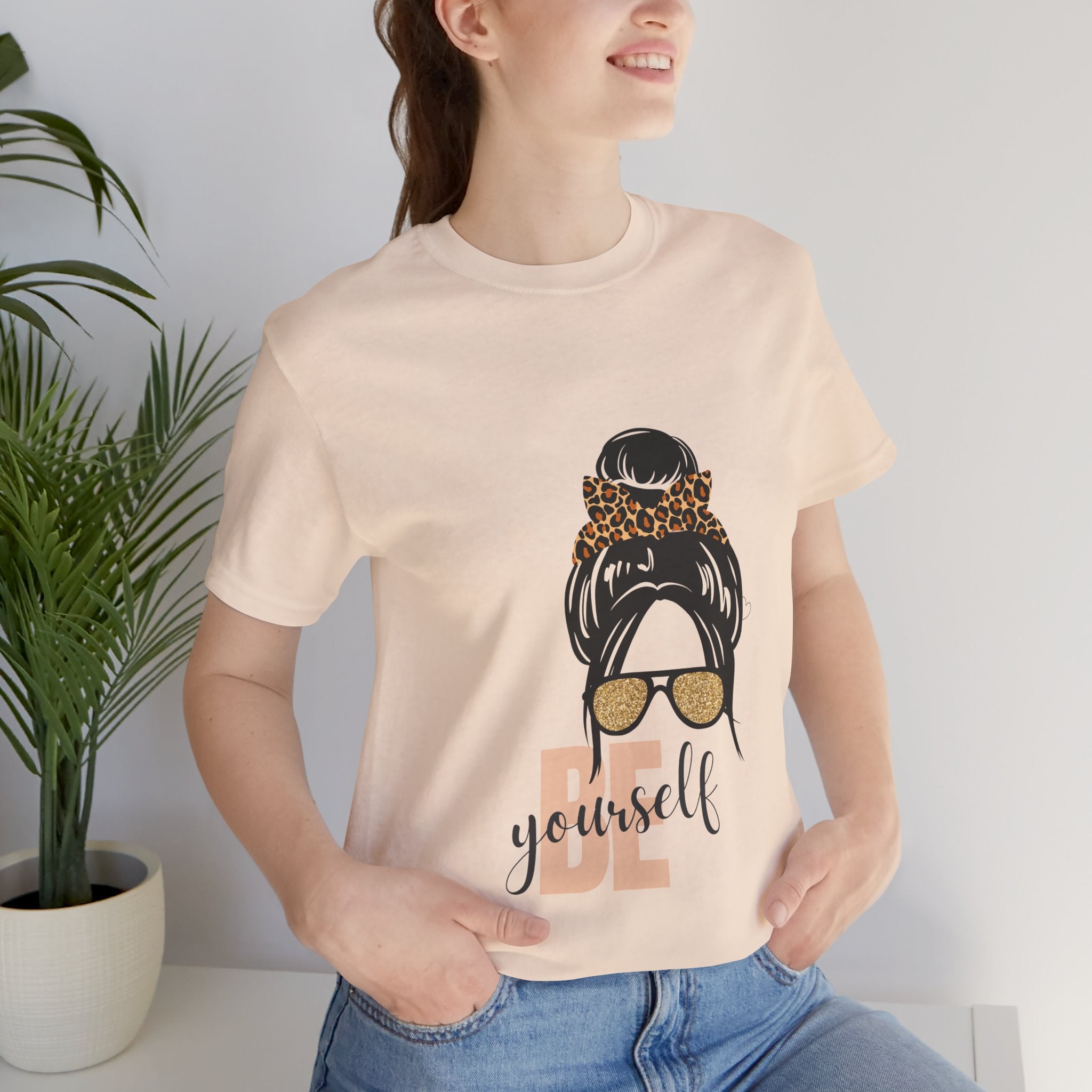 Be Yourself Leopard Bun Girl T-Shirt - Glitter Sunglasses Graphic Shirt