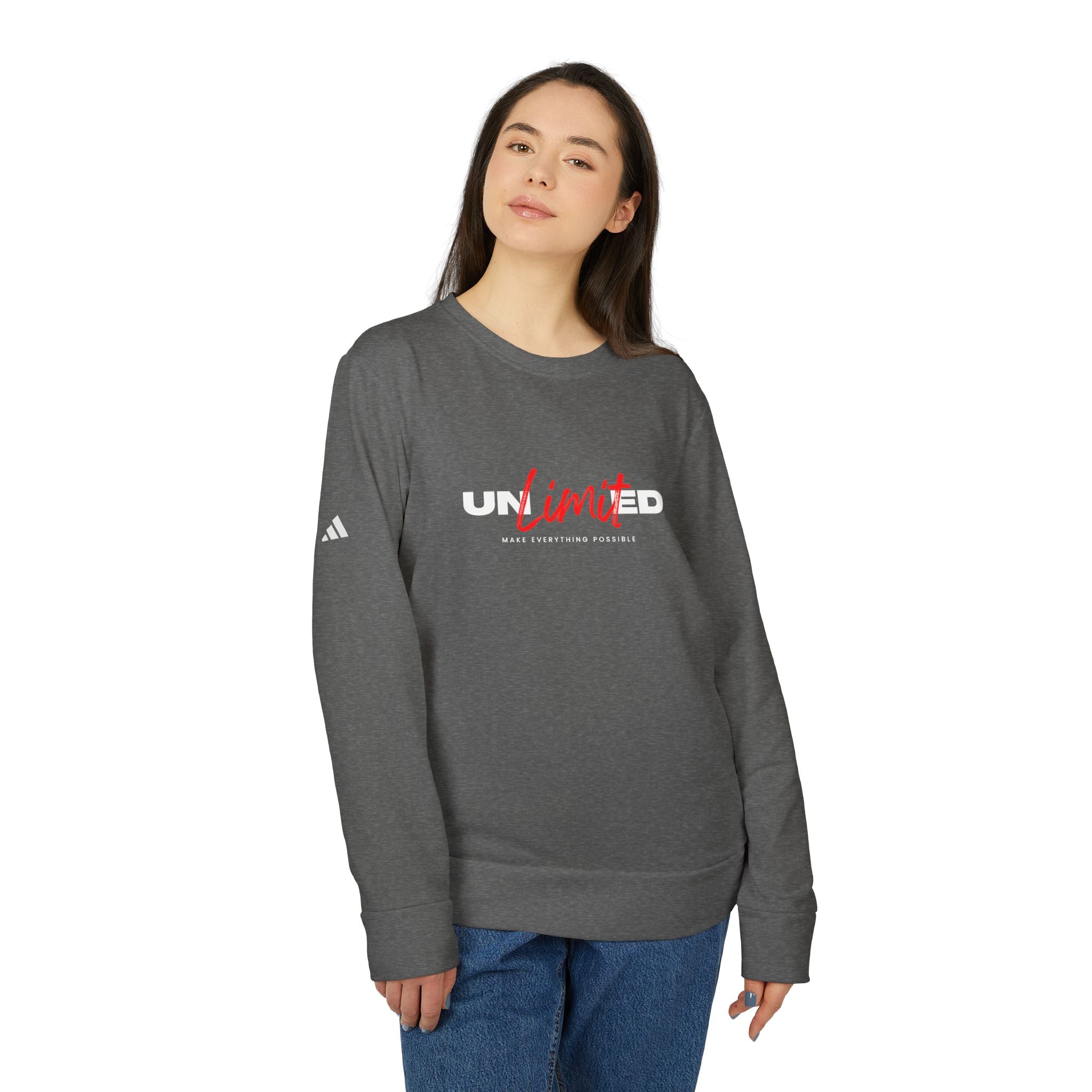 Unlimited Crewneck Sweatshirt — Bold Red Script Motivational Graphic Women's