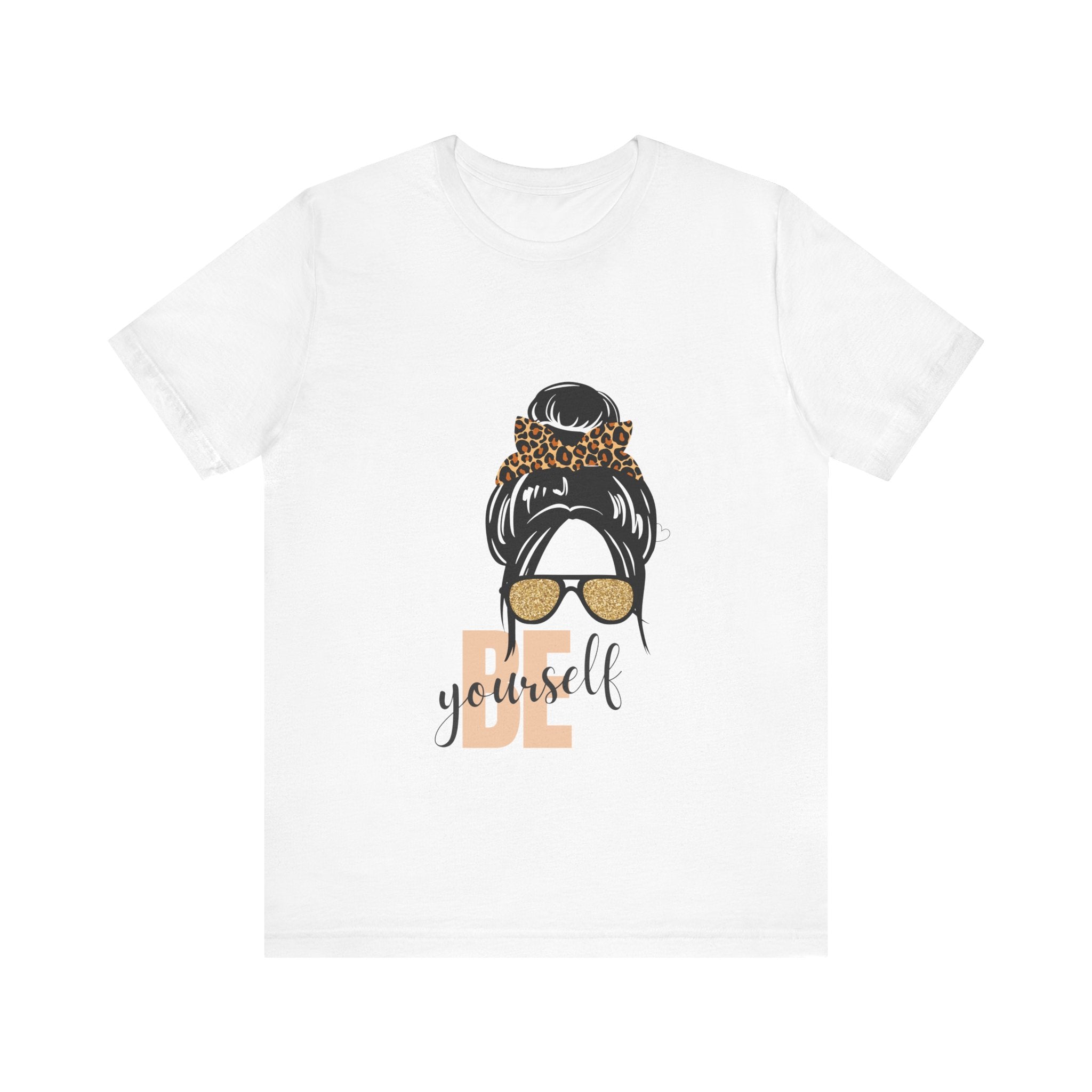 Be Yourself Leopard Bun Girl T-Shirt - Glitter Sunglasses Graphic Shirt