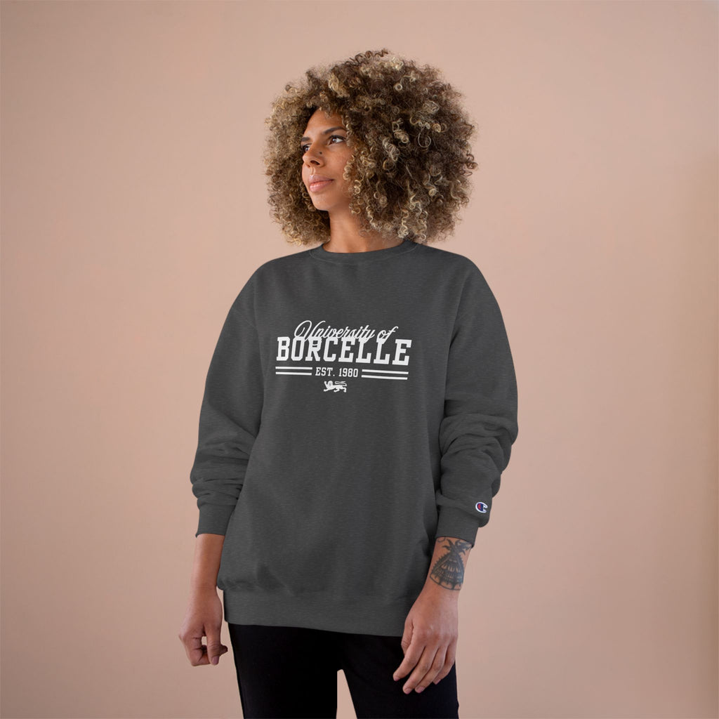 Woman wearing a dark gray sweatshirt with 'University of Borcelle' text on a beige background