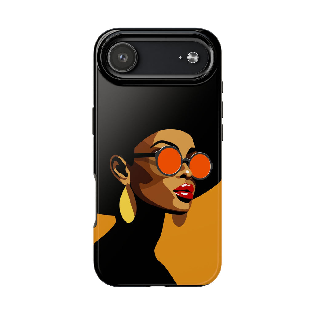 A black phone case featuring a stylized graphic illustration of a woman with orange-tinted sunglasses, red lips, and gold earrings, set against a solid black and mustard yellow background.