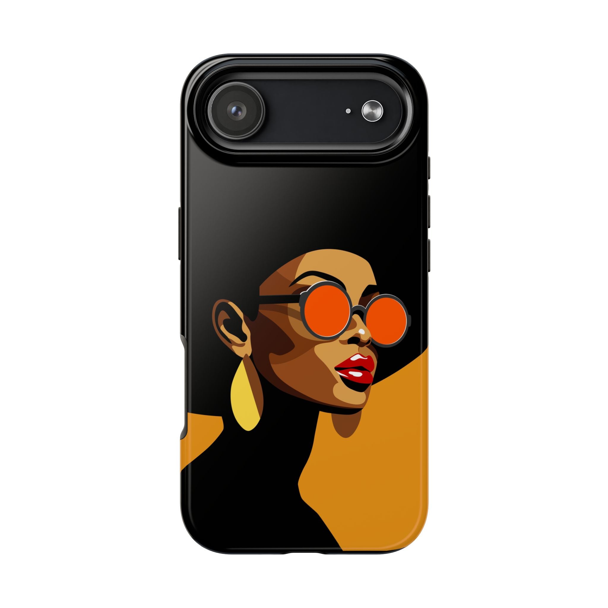 A black phone case featuring a stylized graphic illustration of a woman with orange-tinted sunglasses, red lips, and gold earrings, set against a solid black and mustard yellow background.