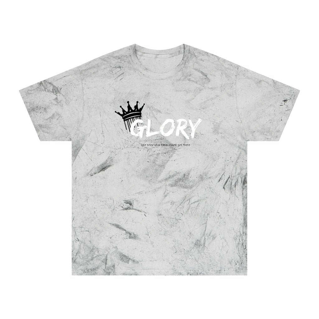 Gray marble-patterned t-shirt with 'GLORY' text and crown design on a white background