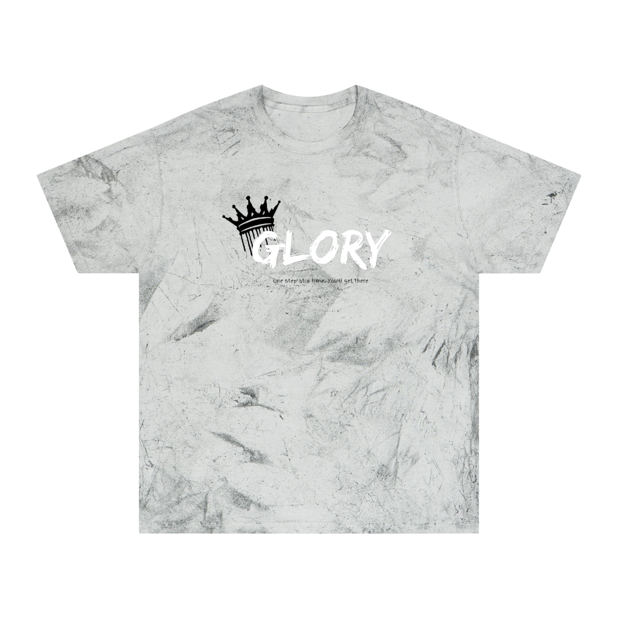 Gray marble-patterned t-shirt with 'GLORY' text and crown design on a white background
