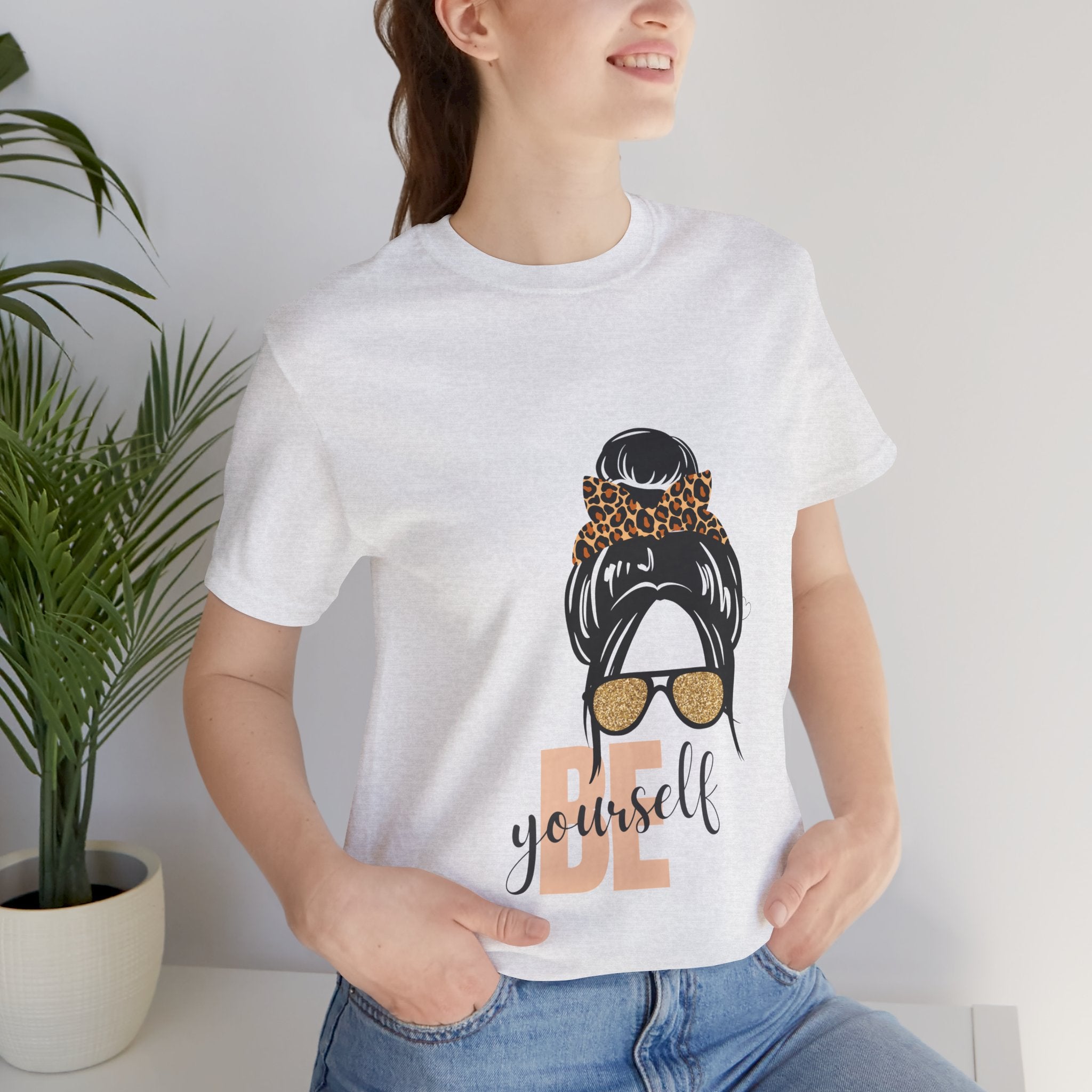 Be Yourself Leopard Bun Girl T-Shirt - Glitter Sunglasses Graphic Shirt