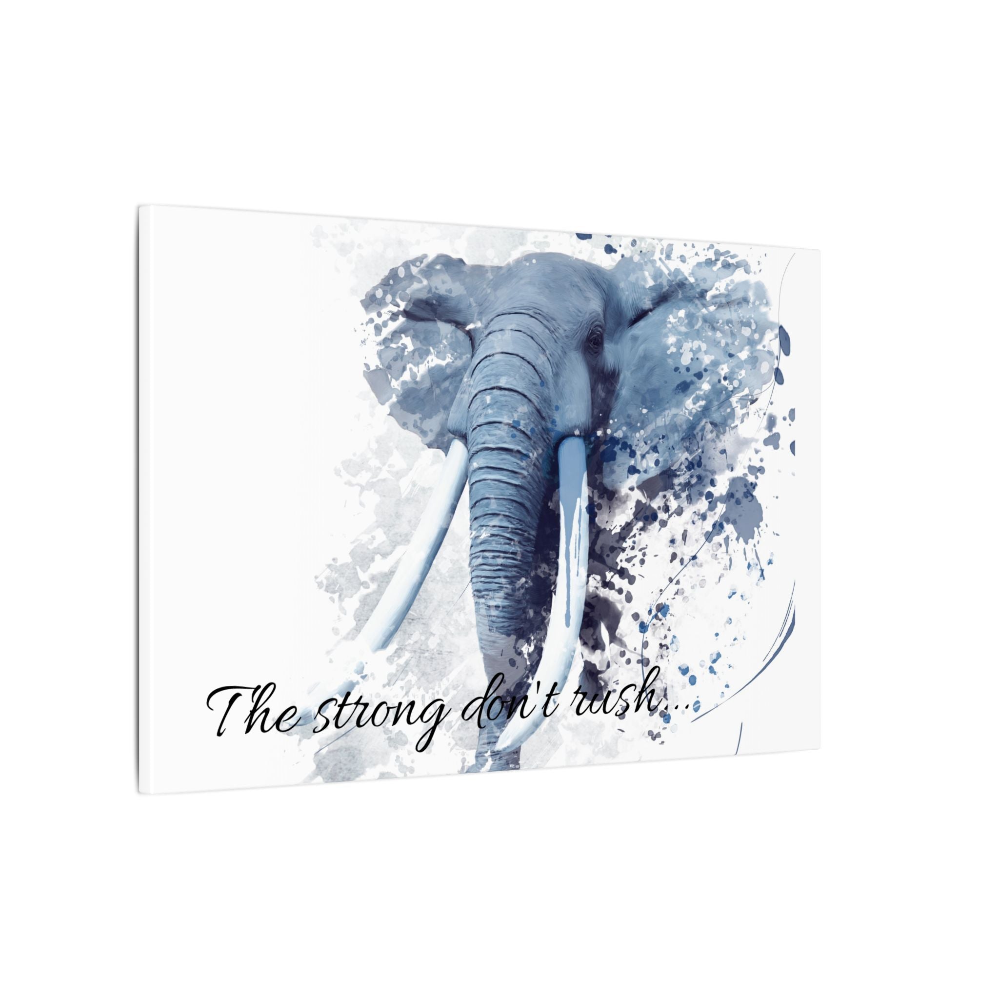 Blue elephant illustration with watercolor texture and 'The strong don't rush' text on a white background